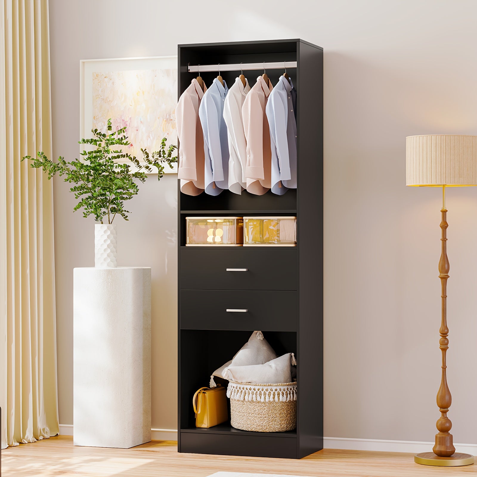 Freestanding Wardrobe Closet, Multi-Functional Clothing Cabinet for Hanging Clothes, Wood Closet Organizer System, Walk-in Closet for Bedroom, Entryway