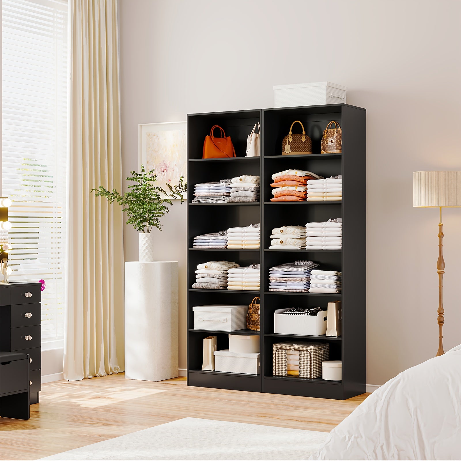 Freestanding Wardrobe Closet, Multi-Functional Clothing Cabinet for Hanging Clothes, Wood Closet Organizer System, Walk-in Closet for Bedroom, Entryway