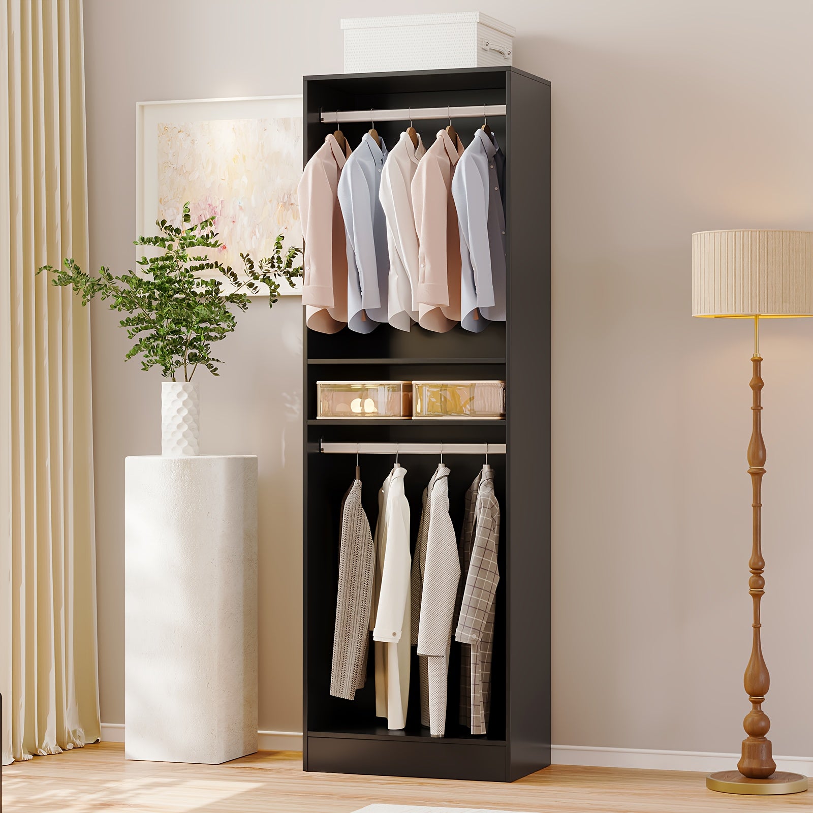Freestanding Wardrobe Closet, Multi-Functional Clothing Cabinet for Hanging Clothes, Wood Closet Organizer System, Walk-in Closet for Bedroom, Entryway
