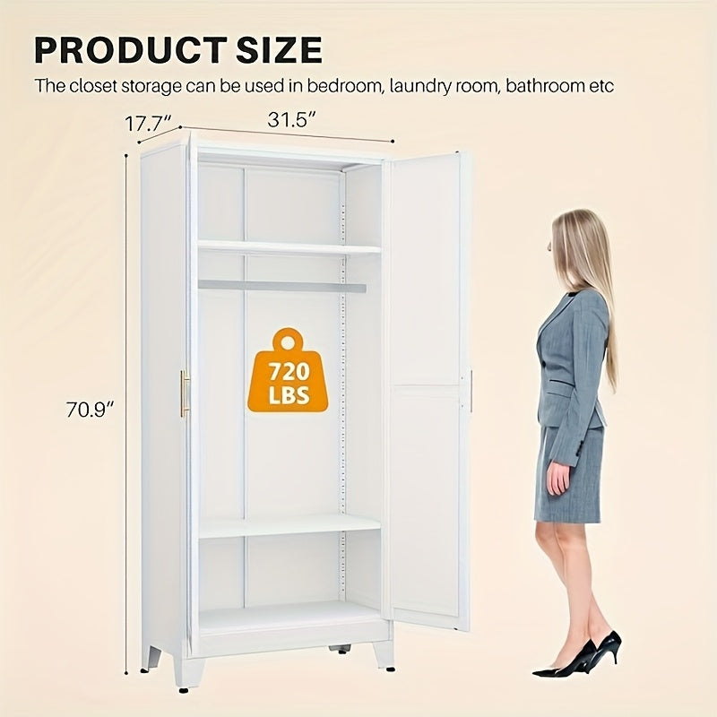 71 Inch High Metal Bedroom Wardrobe with Mirror, Adjustable Shelf And Hanger, Suitable for Bedroom And Clothing Storage