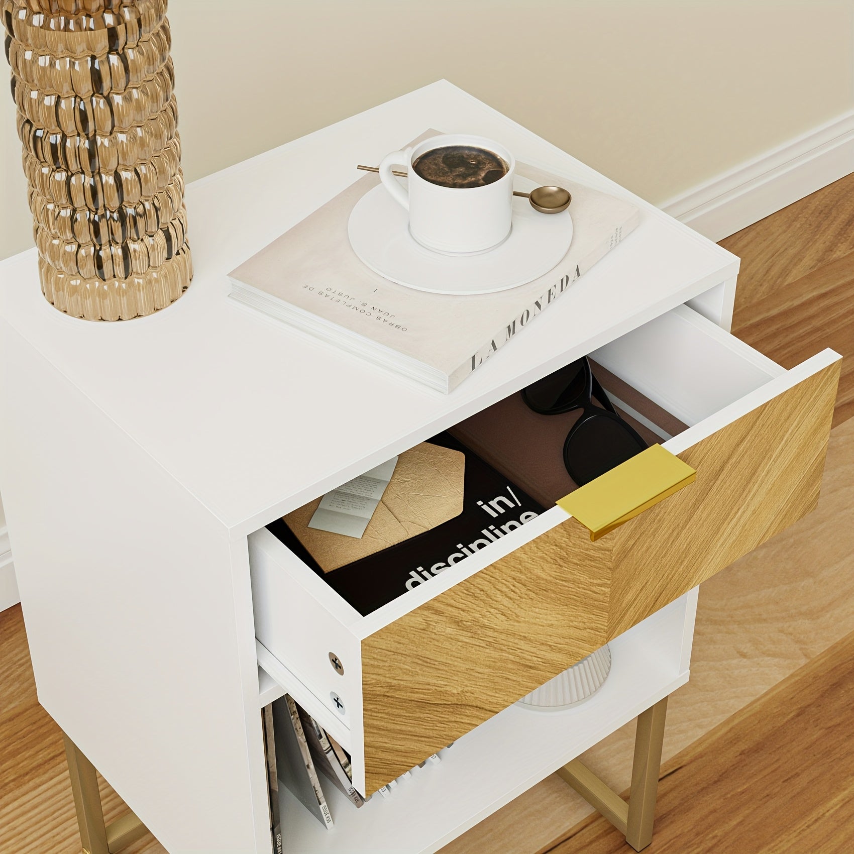 Modern Wood Grain Side Table, Large, Bohemian Farmhouse Style Wooden Nightstand with Storage Drawer and Open Shelf, Suitable for Bedroom, Living Room Nightstand, White