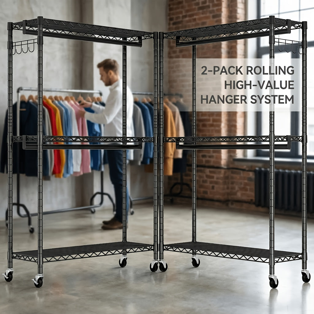 2pcs Rolling Clothes Rack, Metal Garment Rack with 6 Storage Shelves & 4 Hanging Bars, Freestanding Closet Organizer Portable Wardrobe for Hanging Clothes, Detachable Design Clothing Rack for Bedroom Apartment Retail, Black