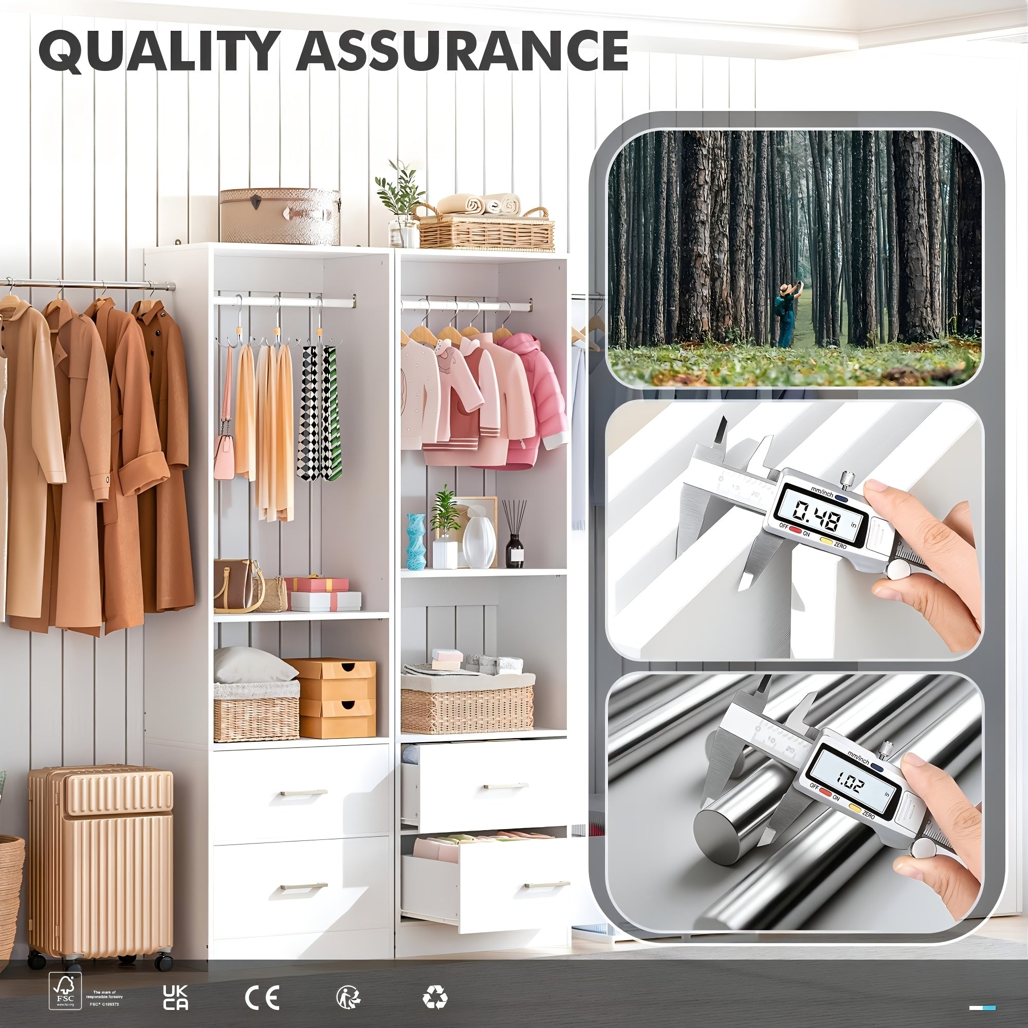 A Modular Closet System Measuring 127.56 Inches, Featuring Four Drawers, Adjustable Shelves on Three Levels, a Wooden Walk-In Closet Equipped with Fixed And Extendable Hanging Rods (Ranging from 57 to 102 Cm), Four Anti-Tipping Devices