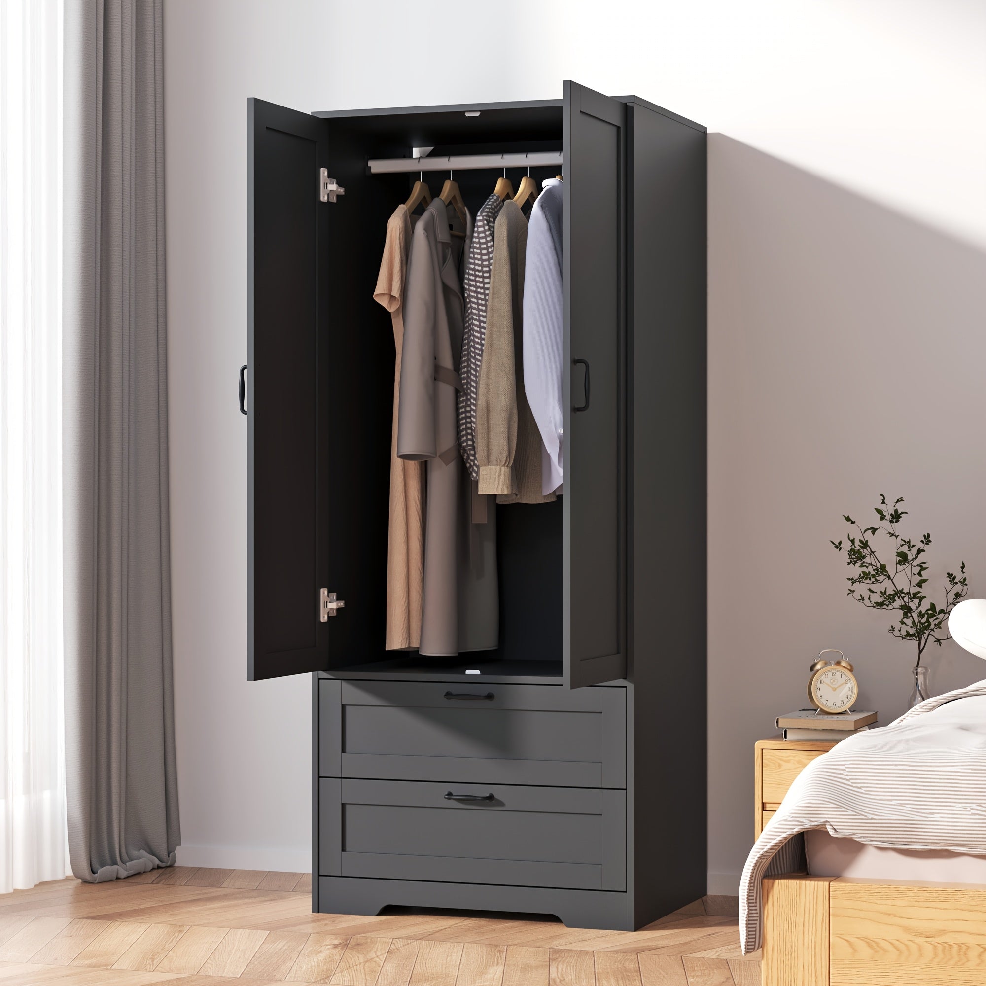 Spacious Contemporary Wardrobe with a Standing Design, Featuring a Clothing Storage Cabinet Equipped with Drawers, Double Doors, And Hangers, Ideal for Bedrooms, Cloakrooms, And Laundry Areas. It Includes 2 Drawers And a Clothes Drying Pole
