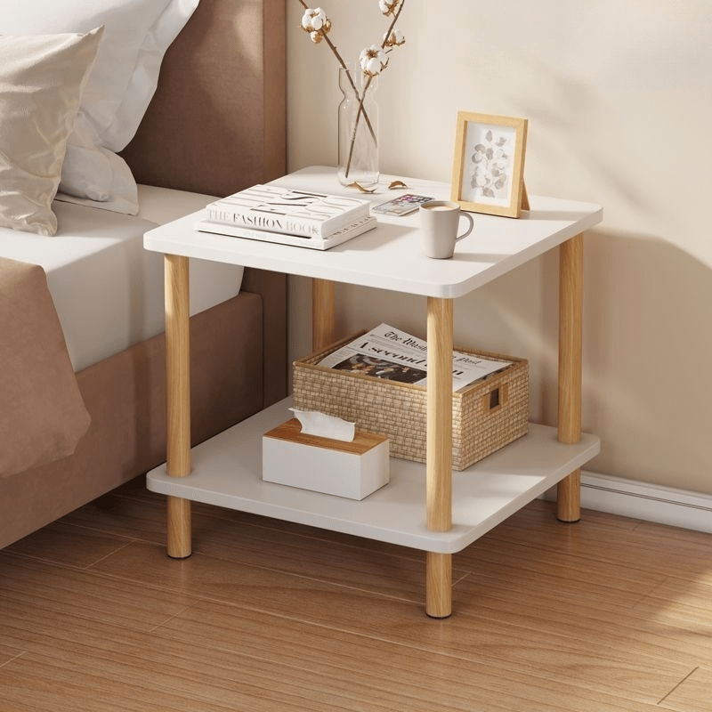 Simple and Modern Double-Layer White Small Square Table, Approximately 15.7×15.7×20.9 Inches, with Solid Wood Legs - White Side Cabinet, Small Storage Table for Bedside in Bedroom, and Bedside Storage Table