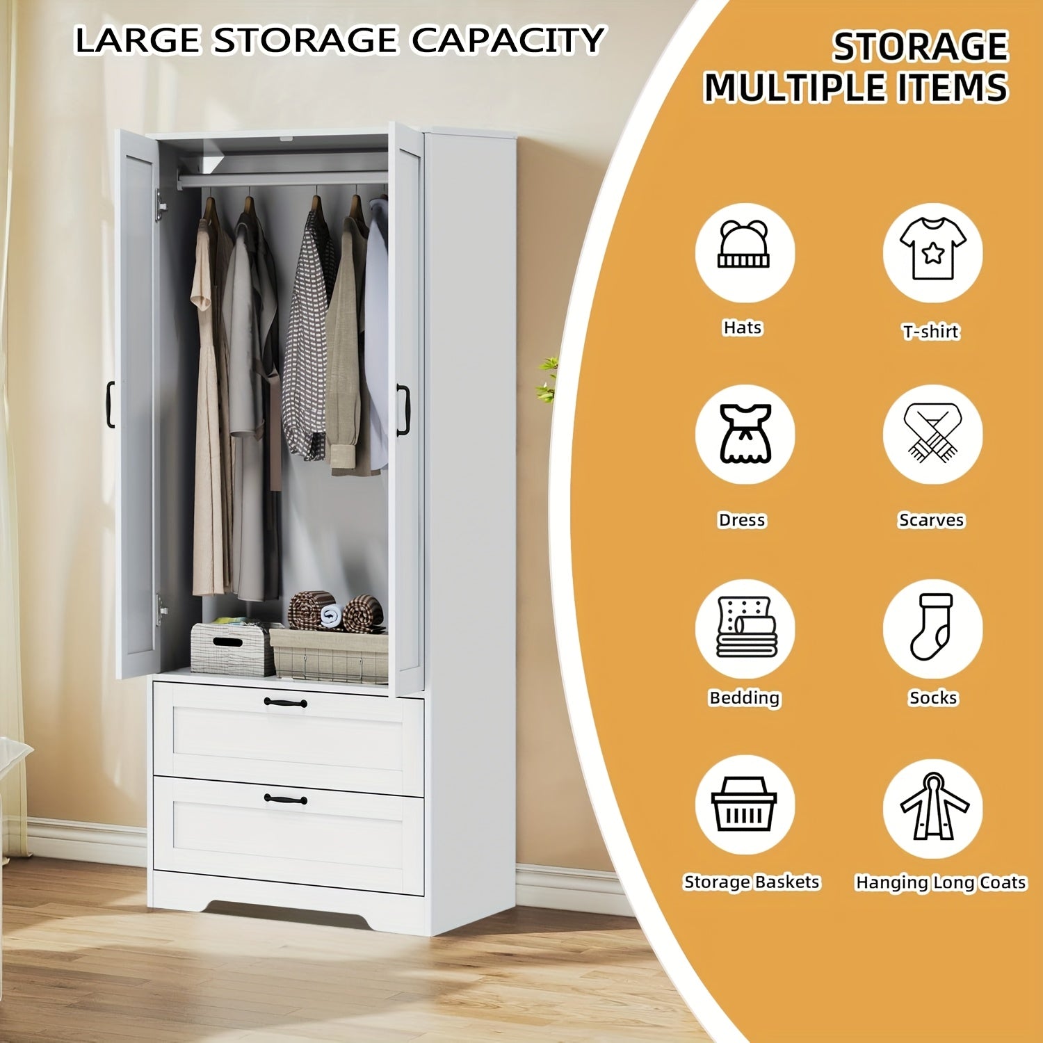 Modern Freestanding Wardrobe Cabinet Armoire With Two Drawers