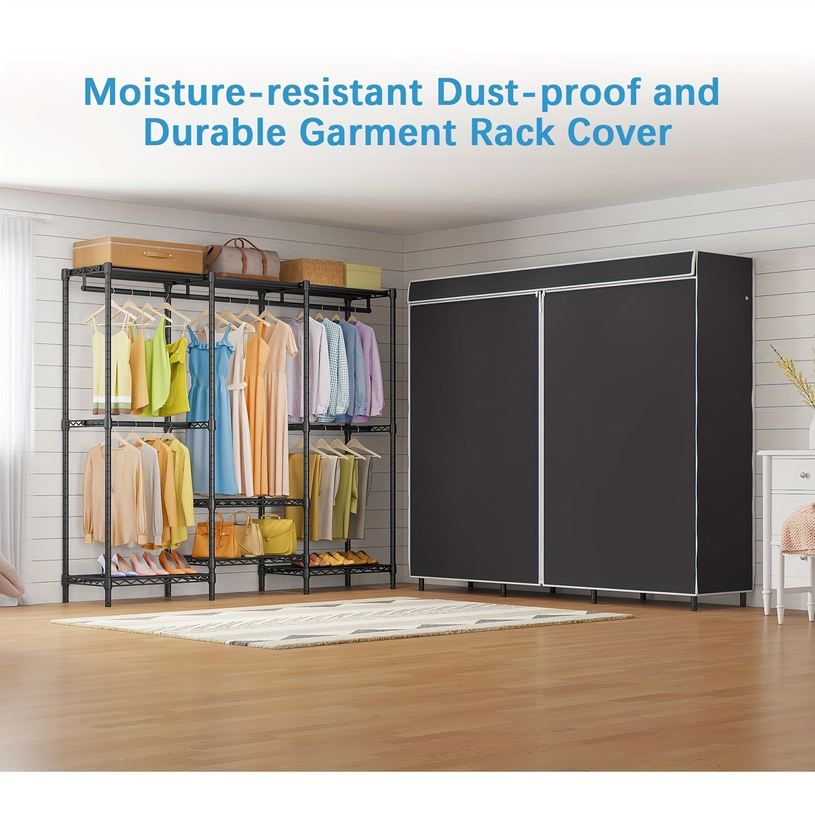 Ortable Closet With Detachable Dust Cover - Heavy Duty Metal Garment Rack 800LB Capacity, 4-Tier Shelving Organizer, 3 Hanging Rods, Space-Saving Bedroom Wardrobe (69x18x71 Inches)