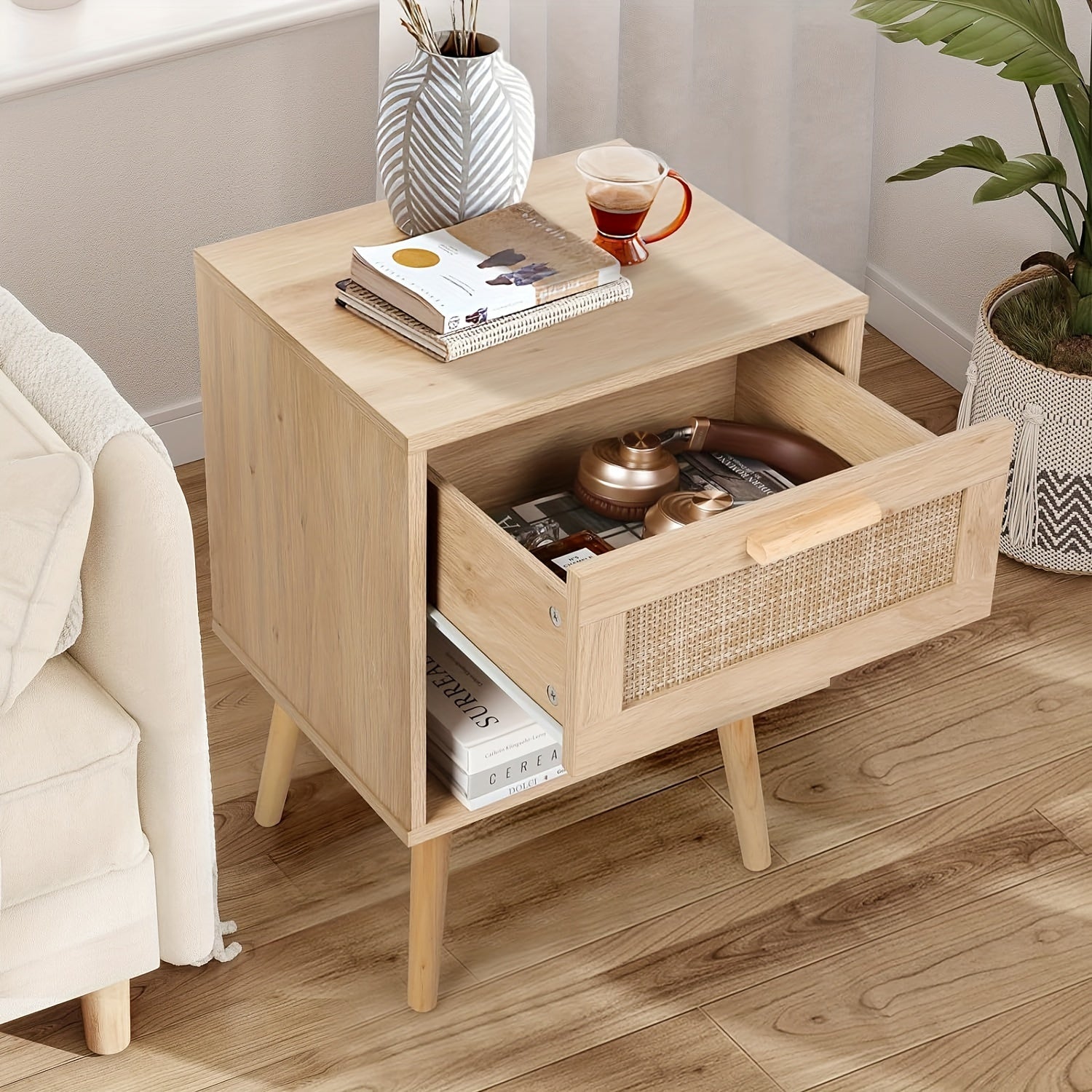 Rattan Nightstand, Night Stands with Hand Made Rattan Decorated Drawer, End Table, Side Table Wood Accent Table with Storage for Bedroom