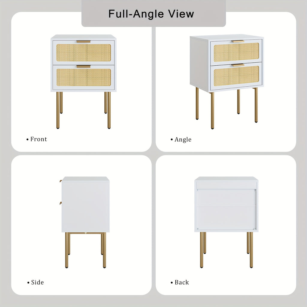 Wooden Bedside Table Featuring Two Rattan Drawers, Ideal for Storing Items in The Bedroom Or Living Room