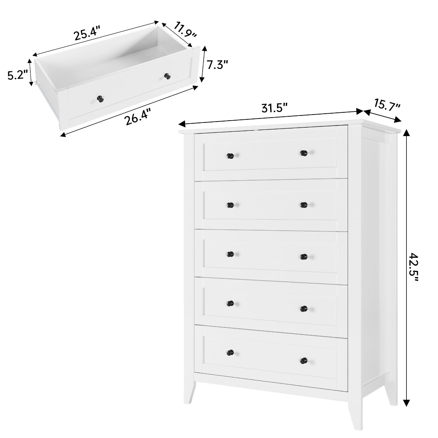 White five-drawer bedroom dressing table, tall dressing table, equipped with deep drawers and metal handles, modern drawer-style walk-in closet, corridor hanging closet
