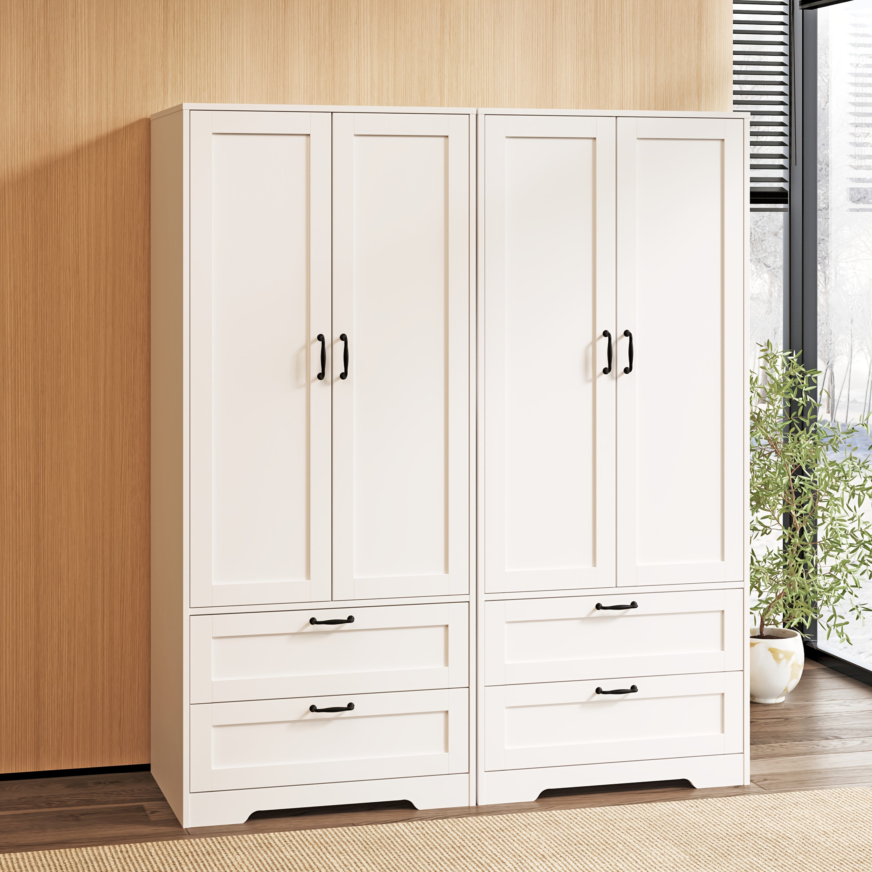 Spacious Contemporary Wardrobe with a Standing Design, Featuring a Clothing Storage Cabinet Equipped with Drawers, Double Doors, And Hangers, Ideal for Bedrooms, Cloakrooms, And Laundry Areas. It Includes 2 Drawers And a Clothes Drying Pole