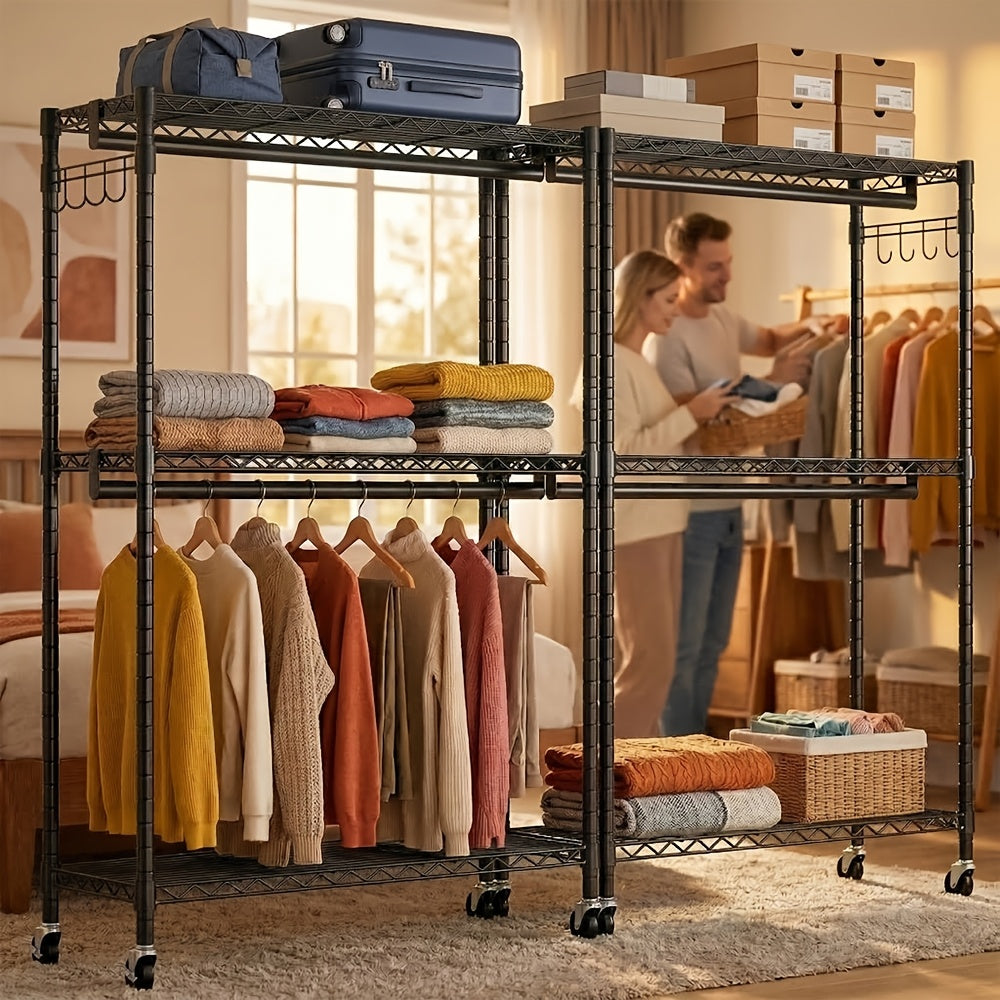 2pcs Rolling Clothes Rack, Metal Garment Rack with 6 Storage Shelves & 4 Hanging Bars, Freestanding Closet Organizer Portable Wardrobe for Hanging Clothes, Detachable Design Clothing Rack for Bedroom Apartment Retail, Black