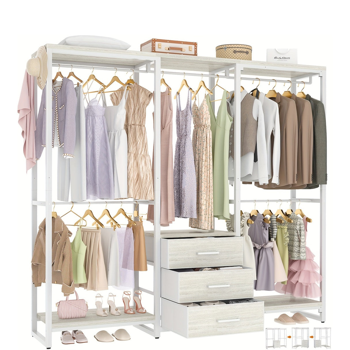 Aheaplus Garment Rack Heavy Duty Clothes Rack For Hanging Clothes, Clothing Rack With Drawers, Wood Stoarge Shelf Freestanding Closet Wardrobe Rack, Corner L Shaped Closet System Organizers