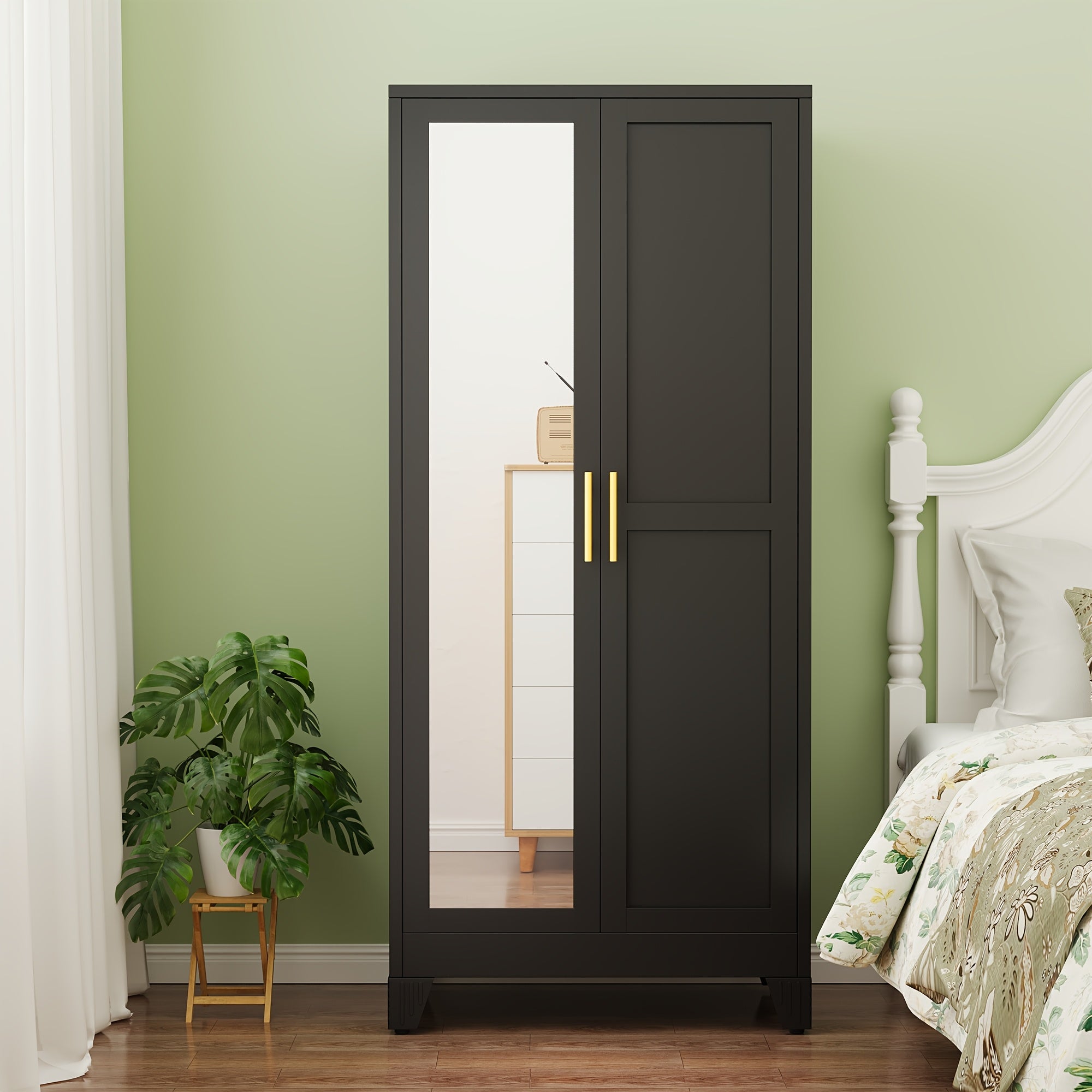 71 Inch High Metal Bedroom Wardrobe with Mirror, Adjustable Shelf And Hanger, Suitable for Bedroom And Clothing Storage