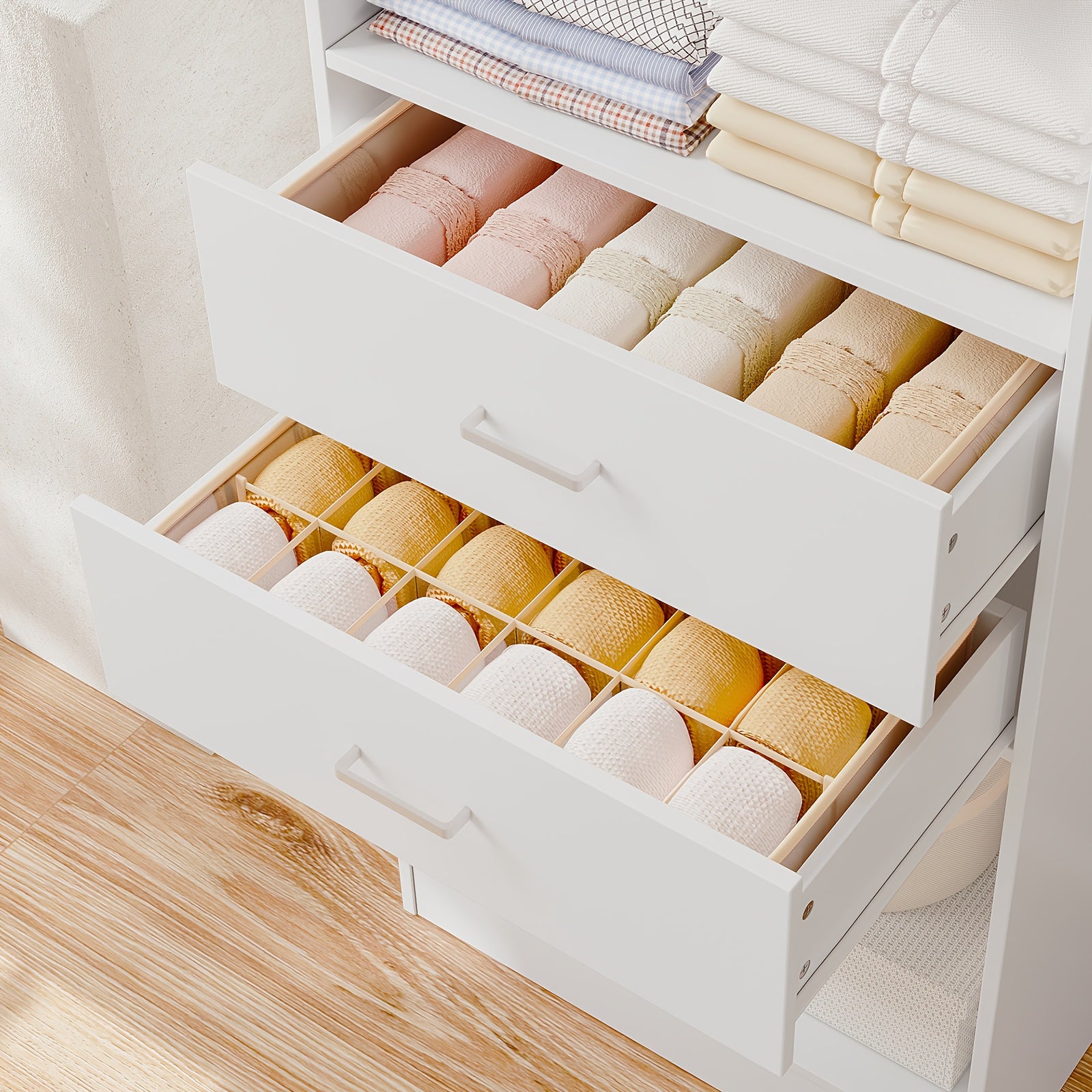 Freestanding Wardrobe Closet, Multi-Functional Clothing Cabinet for Hanging Clothes, Wood Closet Organizer System, Walk-in Closet for Bedroom, Entryway