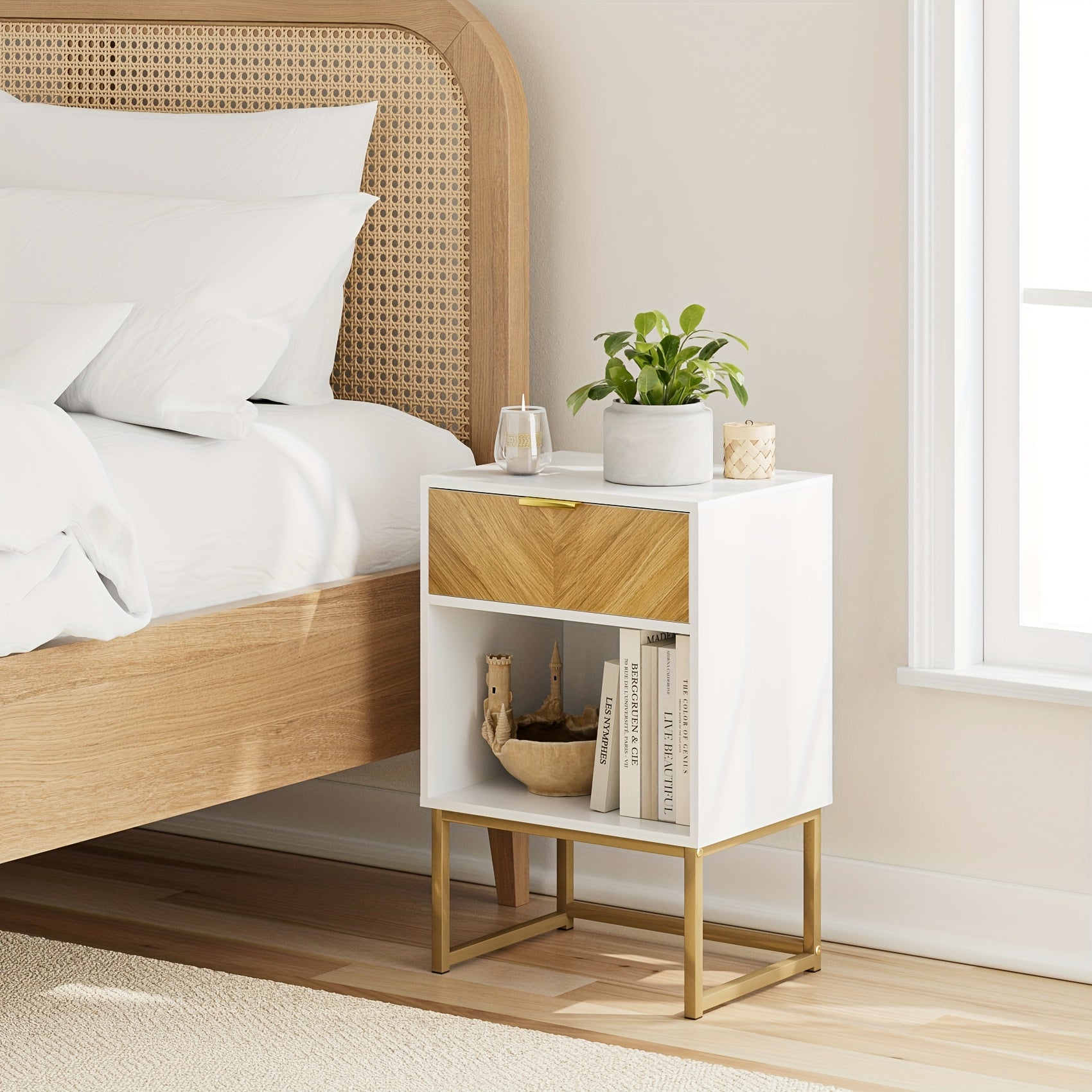 Modern Wood Grain Side Table, Large, Bohemian Farmhouse Style Wooden Nightstand with Storage Drawer and Open Shelf, Suitable for Bedroom, Living Room Nightstand, White