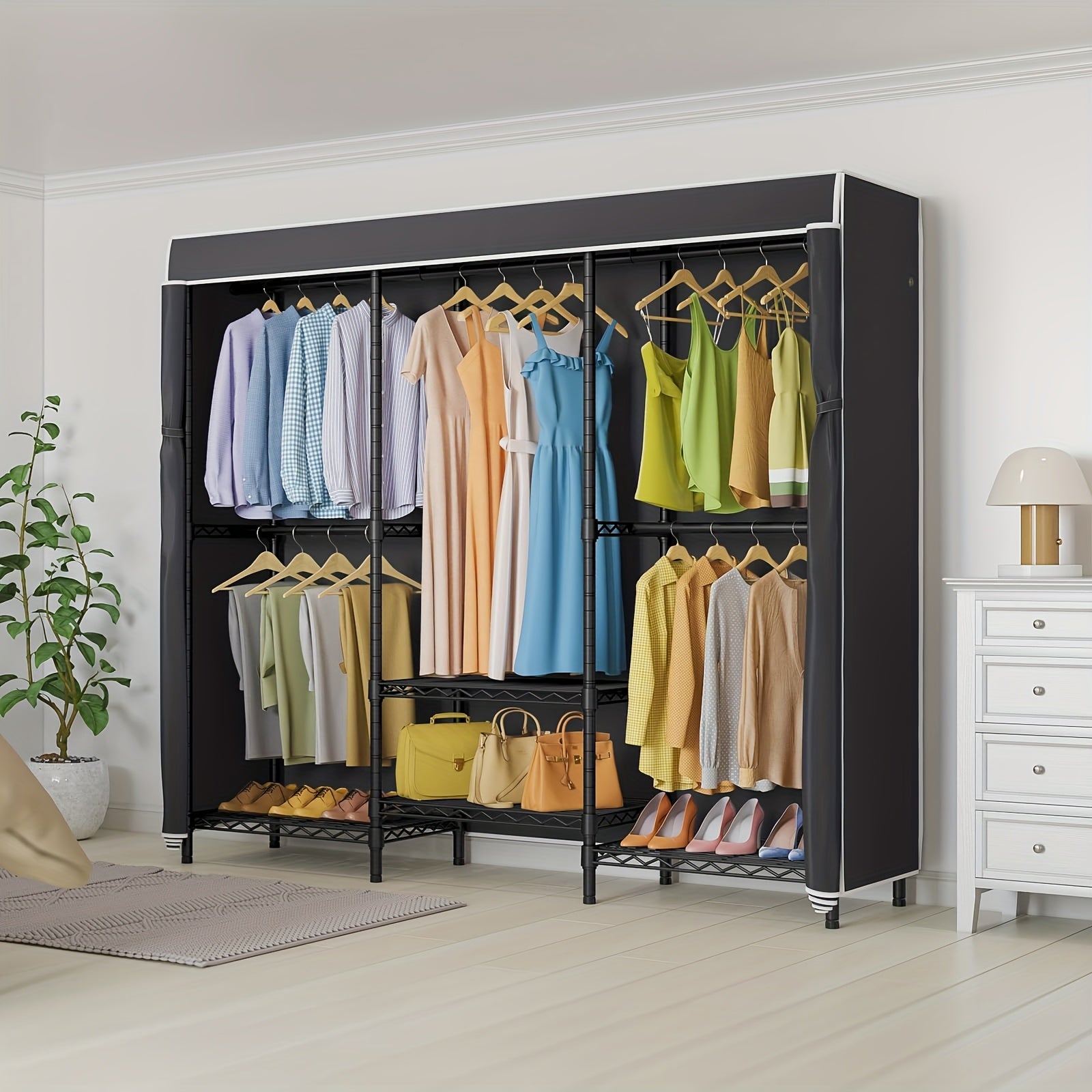 Ortable Closet With Detachable Dust Cover - Heavy Duty Metal Garment Rack 800LB Capacity, 4-Tier Shelving Organizer, 3 Hanging Rods, Space-Saving Bedroom Wardrobe (69x18x71 Inches)