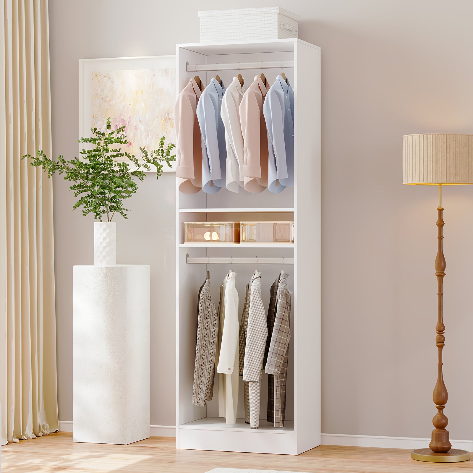 Freestanding Wardrobe Closet, Multi-Functional Clothing Cabinet for Hanging Clothes, Wood Closet Organizer System, Walk-in Closet for Bedroom, Entryway