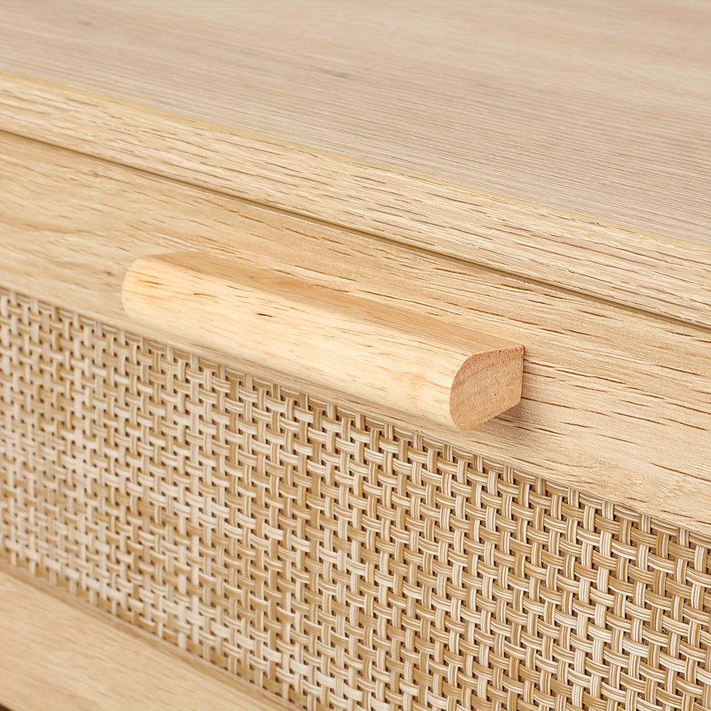 Rattan Nightstand, Night Stands with Hand Made Rattan Decorated Drawer, End Table, Side Table Wood Accent Table with Storage for Bedroom