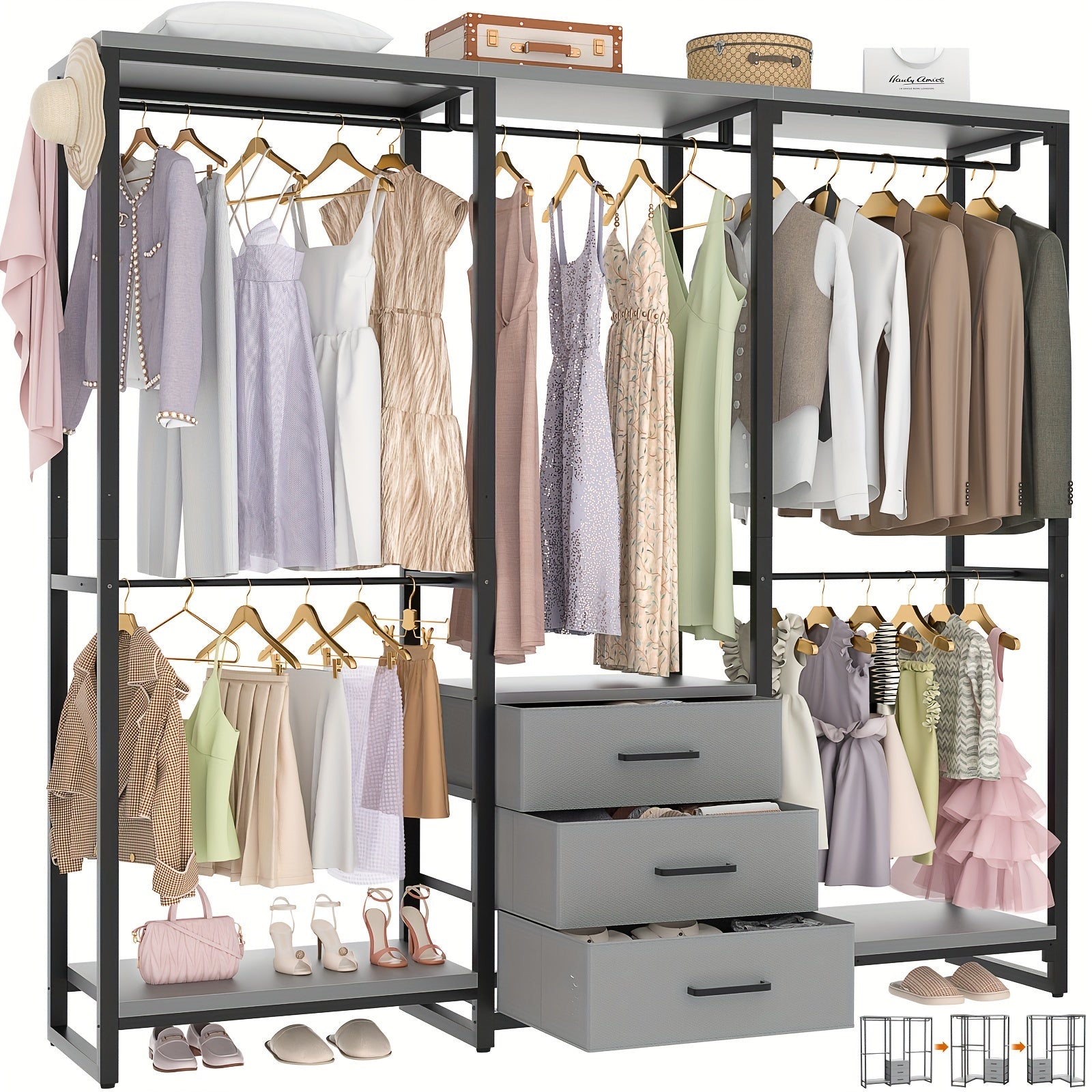 Aheaplus Garment Rack Heavy Duty Clothes Rack For Hanging Clothes, Clothing Rack With Drawers, Wood Stoarge Shelf Freestanding Closet Wardrobe Rack, Corner L Shaped Closet System Organizers