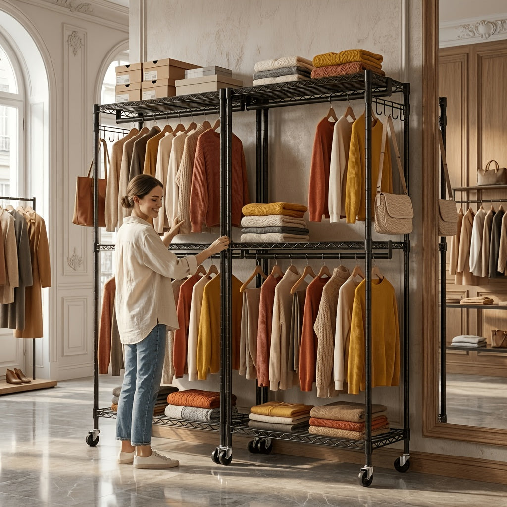 2pcs Rolling Clothes Rack, Metal Garment Rack with 6 Storage Shelves & 4 Hanging Bars, Freestanding Closet Organizer Portable Wardrobe for Hanging Clothes, Detachable Design Clothing Rack for Bedroom Apartment Retail, Black