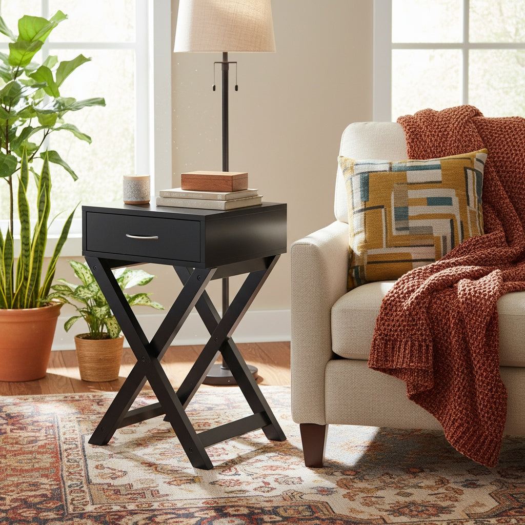 X-Shape End Table | Wooden Square Storage Nightstand with Generous Storage Drawer and Metal Handle, Contemporary Accent Side Table, Ideal for Living Room, Bedroom, Home, Office, Hardwood, Assembled, \u003C27 Inches Height