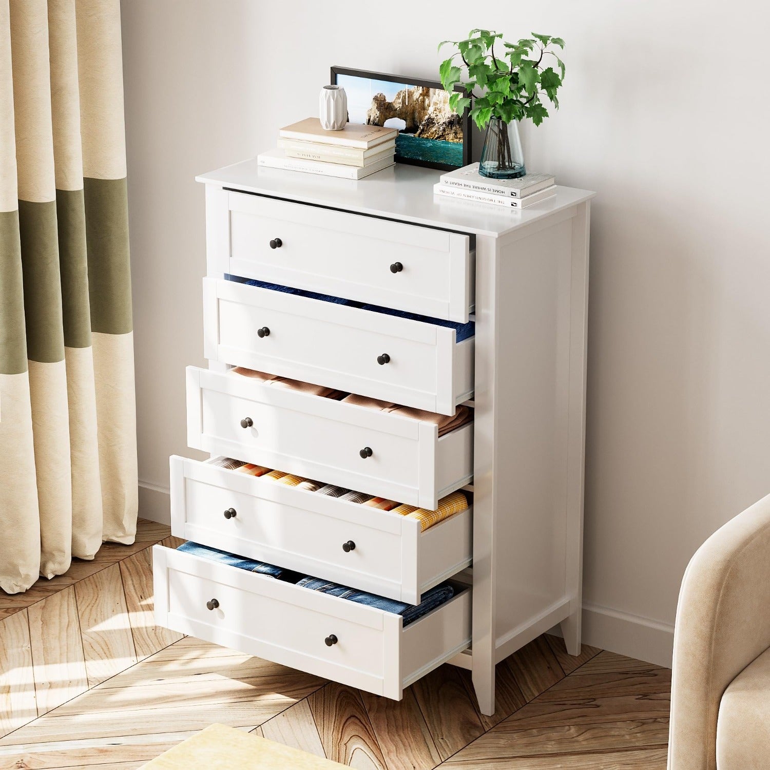 White five-drawer bedroom dressing table, tall dressing table, equipped with deep drawers and metal handles, modern drawer-style walk-in closet, corridor hanging closet