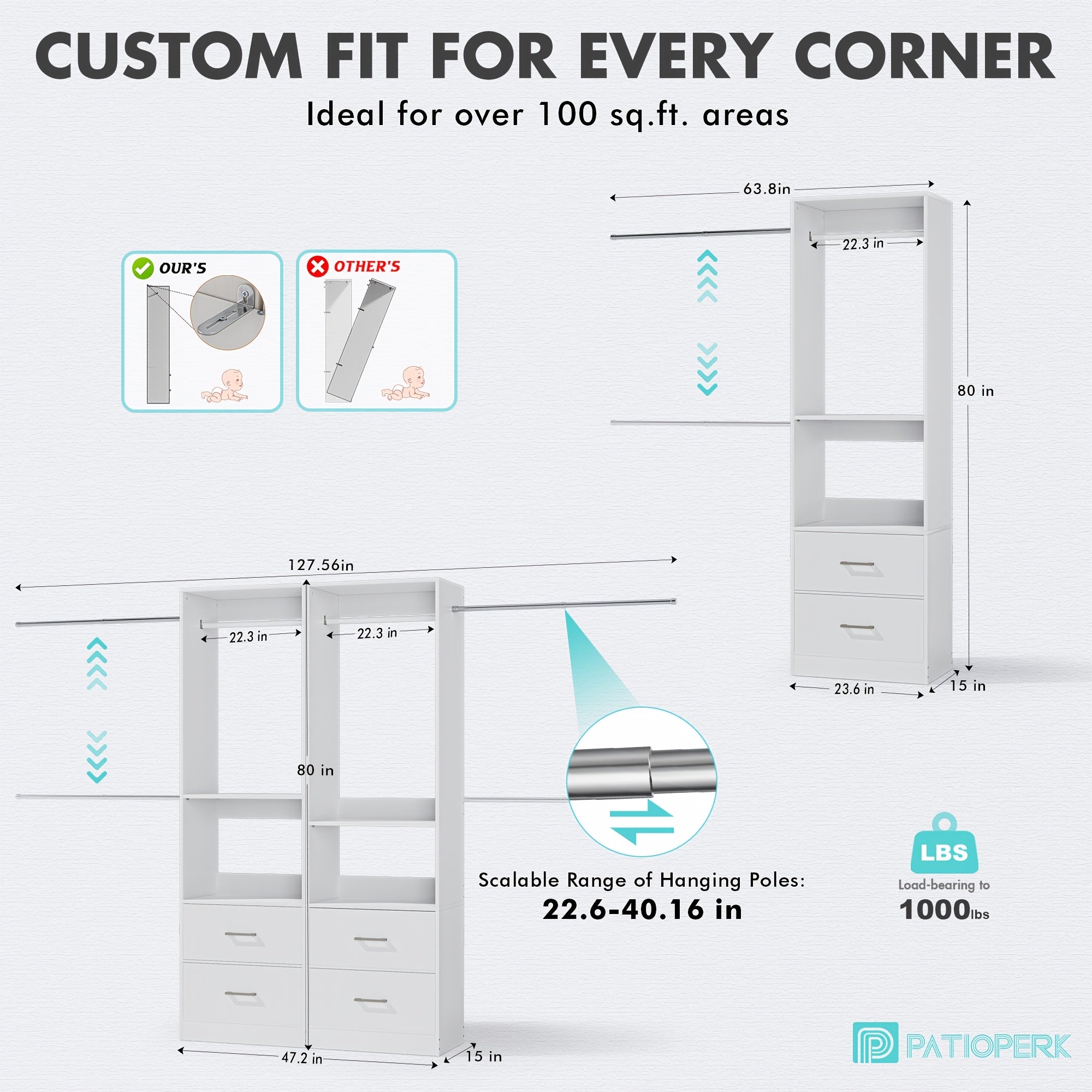 A Modular Closet System Measuring 127.56 Inches, Featuring Four Drawers, Adjustable Shelves on Three Levels, a Wooden Walk-In Closet Equipped with Fixed And Extendable Hanging Rods (Ranging from 57 to 102 Cm), Four Anti-Tipping Devices