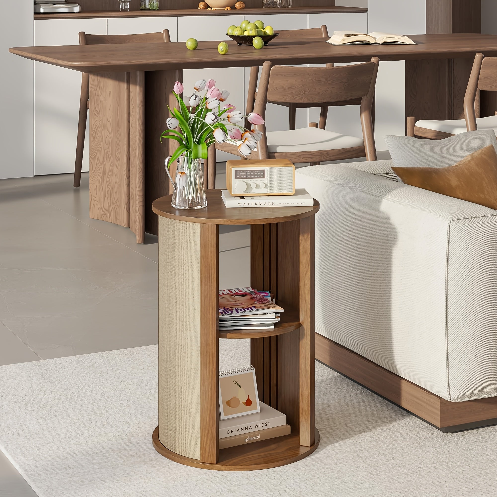 Round Side Table for Sofa, Couch Bedside End Table with Storage, Round Nightstand, Wooden Mid Century Modern Night Stand, 2-Tier, Adjustable Shelf, for Living Room, 16 Inches