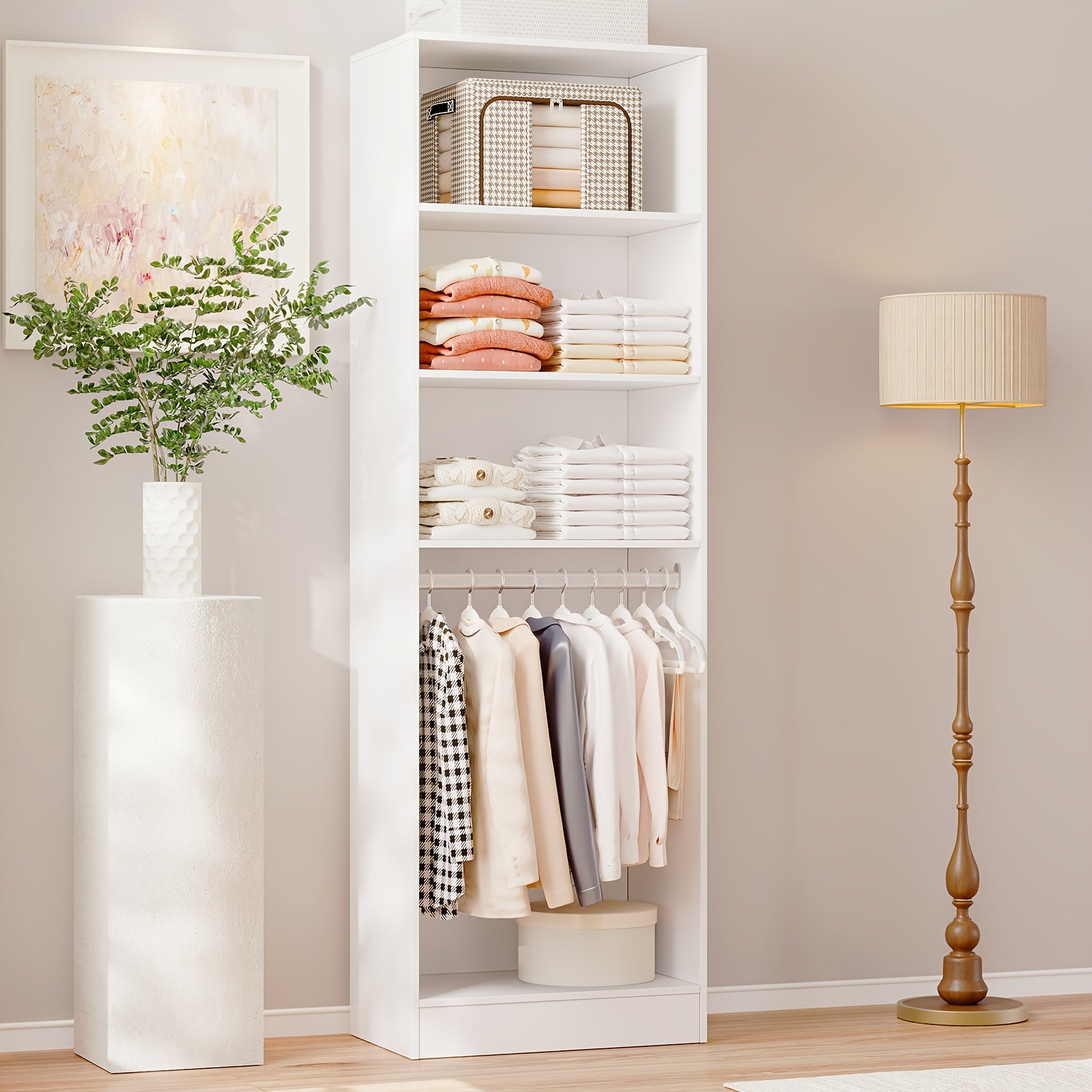 Freestanding Wardrobe Closet, Multi-Functional Clothing Cabinet for Hanging Clothes, Wood Closet Organizer System, Walk-in Closet for Bedroom, Entryway