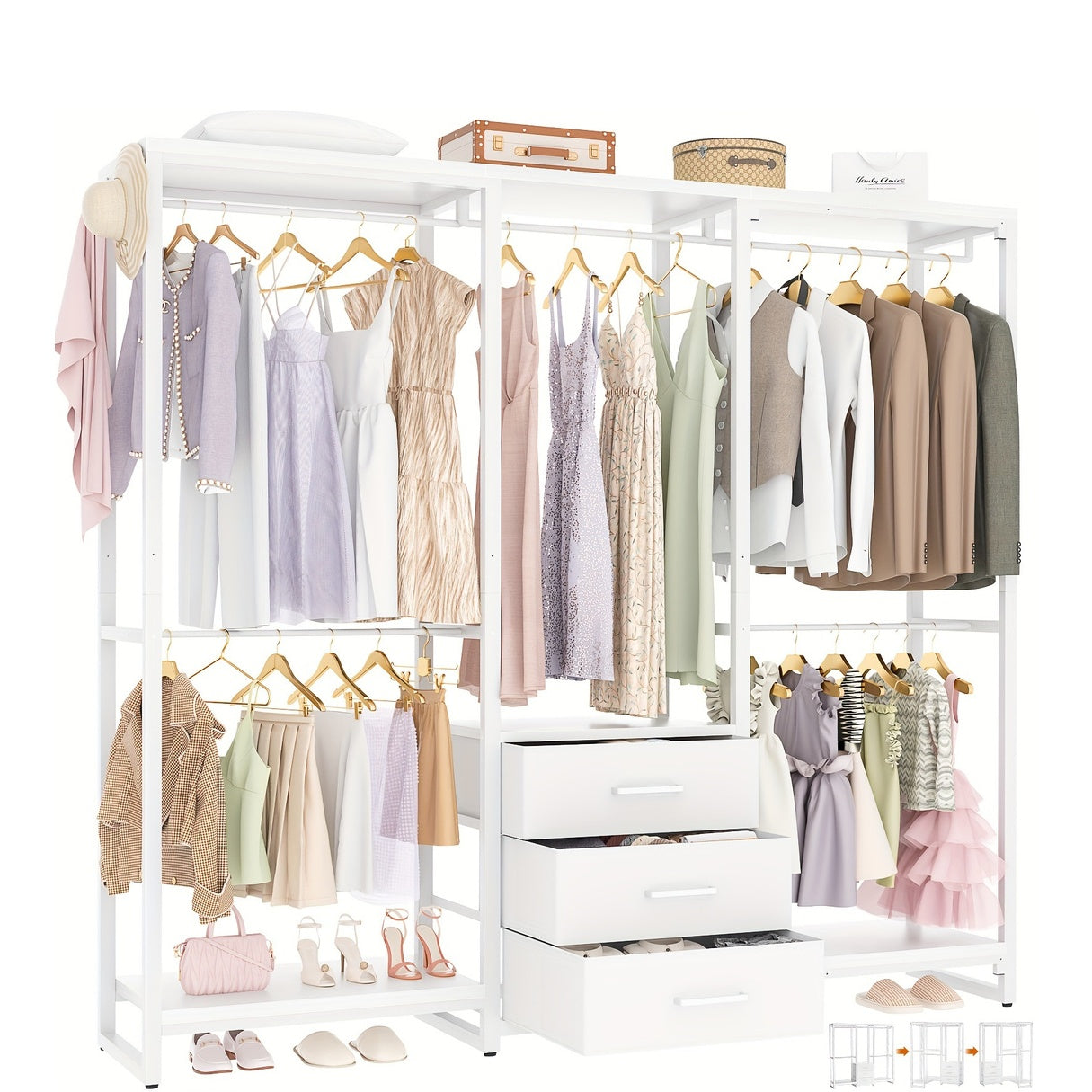 Aheaplus Garment Rack Heavy Duty Clothes Rack For Hanging Clothes, Clothing Rack With Drawers, Wood Stoarge Shelf Freestanding Closet Wardrobe Rack, Corner L Shaped Closet System Organizers