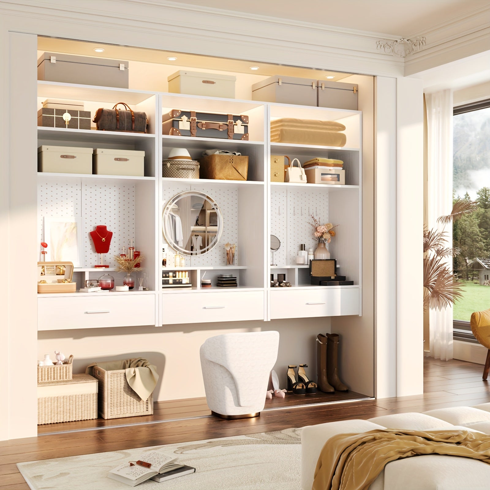 Unikito 25 Inch Closet System With Drawers And Magnetic Pegboard, Wall Mounted Closet Organizer With Vanity Storage Shelves, Multipurpose Vanity Desk For Bedroom, Mudroom, And Entryway, White