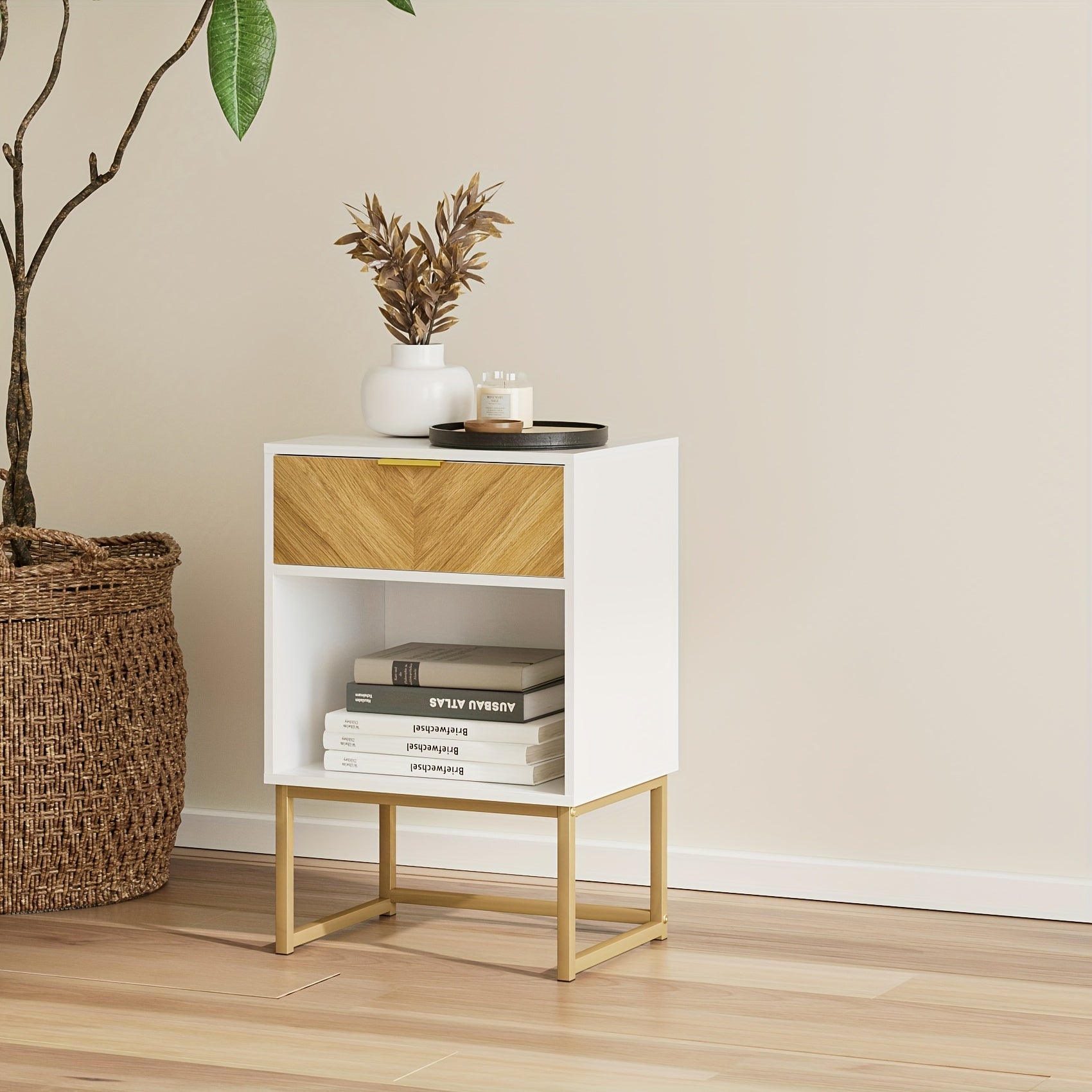 Modern Wood Grain Side Table, Large, Bohemian Farmhouse Style Wooden Nightstand with Storage Drawer and Open Shelf, Suitable for Bedroom, Living Room Nightstand, White