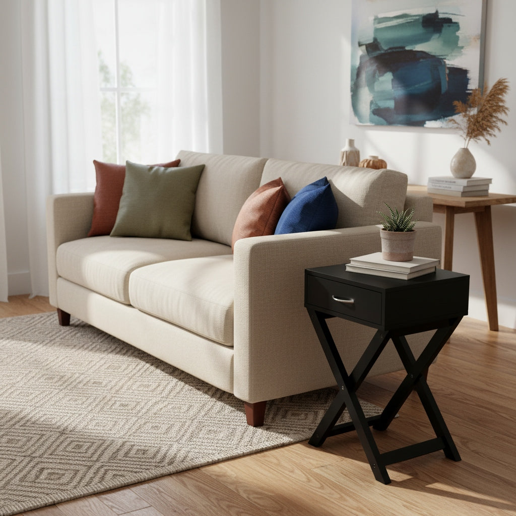 X-Shape End Table | Wooden Square Storage Nightstand with Generous Storage Drawer and Metal Handle, Contemporary Accent Side Table, Ideal for Living Room, Bedroom, Home, Office, Hardwood, Assembled, \u003C27 Inches Height