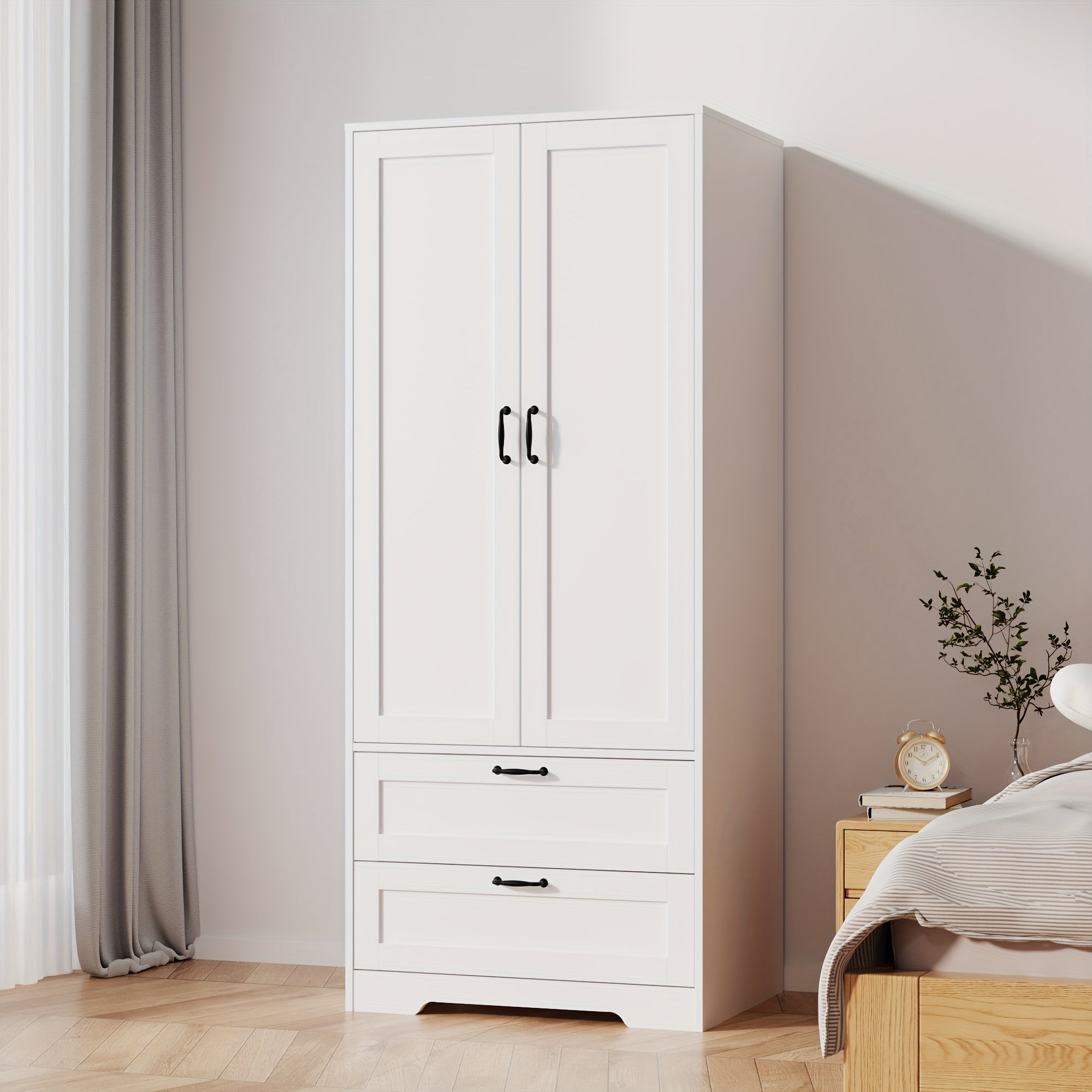 Spacious Contemporary Wardrobe with a Standing Design, Featuring a Clothing Storage Cabinet Equipped with Drawers, Double Doors, And Hangers, Ideal for Bedrooms, Cloakrooms, And Laundry Areas. It Includes 2 Drawers And a Clothes Drying Pole