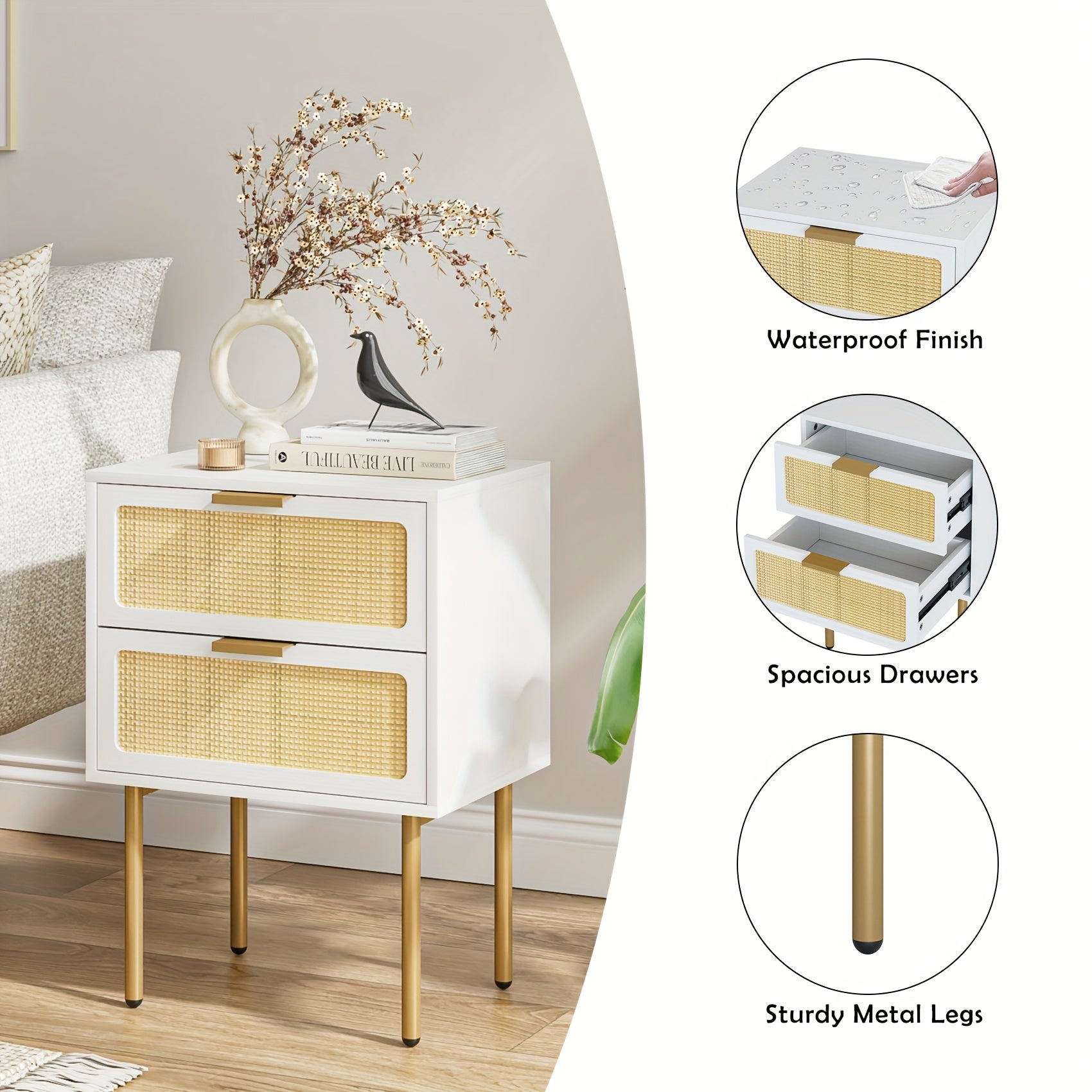 Wooden Bedside Table Featuring Two Rattan Drawers, Ideal for Storing Items in The Bedroom Or Living Room