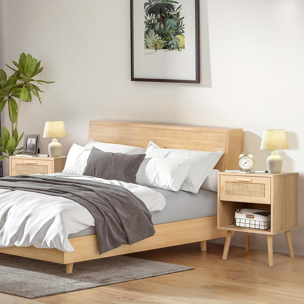 Rattan Nightstand, Night Stands with Hand Made Rattan Decorated Drawer, End Table, Side Table Wood Accent Table with Storage for Bedroom