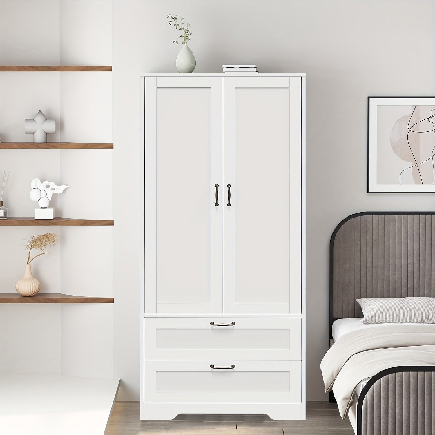 Modern Freestanding Wardrobe Cabinet Armoire With Two Drawers