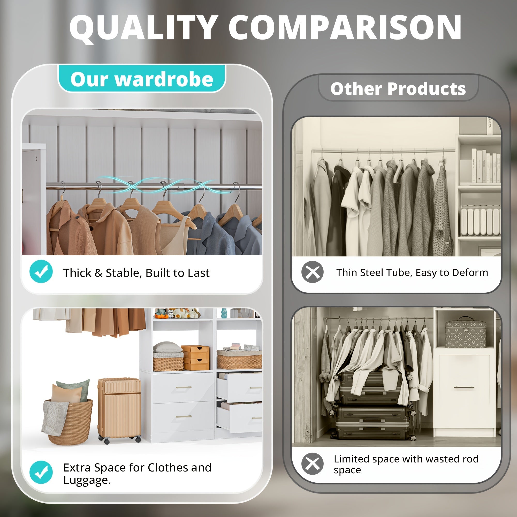 A Modular Closet System Measuring 127.56 Inches, Featuring Four Drawers, Adjustable Shelves on Three Levels, a Wooden Walk-In Closet Equipped with Fixed And Extendable Hanging Rods (Ranging from 57 to 102 Cm), Four Anti-Tipping Devices