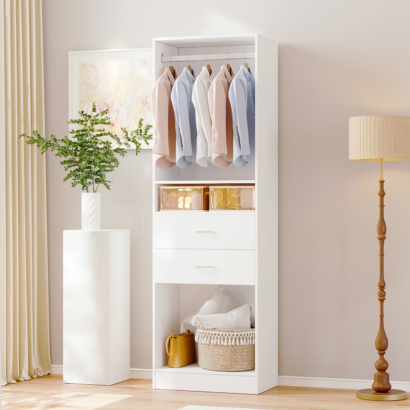 Freestanding Wardrobe Closet, Multi-Functional Clothing Cabinet for Hanging Clothes, Wood Closet Organizer System, Walk-in Closet for Bedroom, Entryway