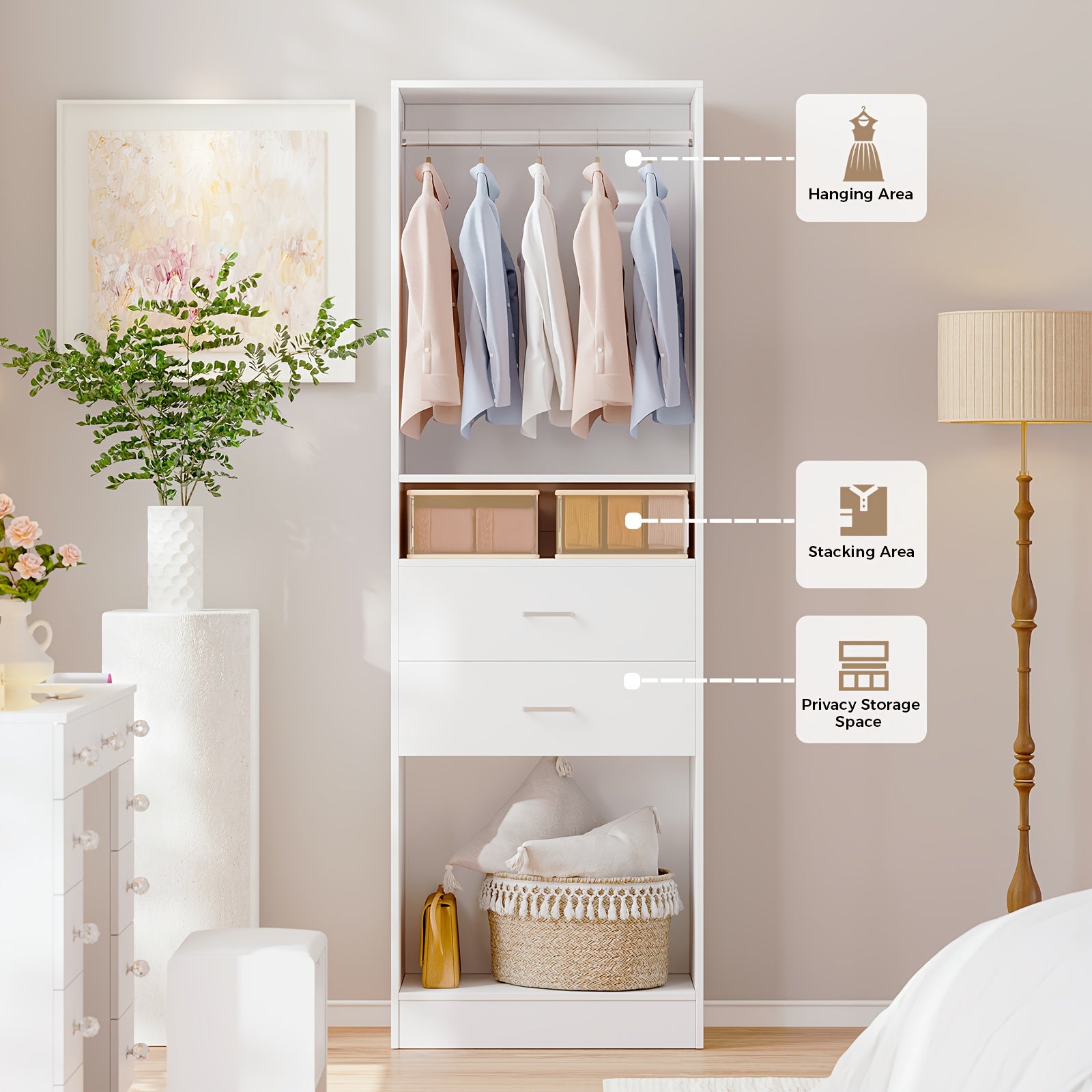 Freestanding Wardrobe Closet, Multi-Functional Clothing Cabinet for Hanging Clothes, Wood Closet Organizer System, Walk-in Closet for Bedroom, Entryway