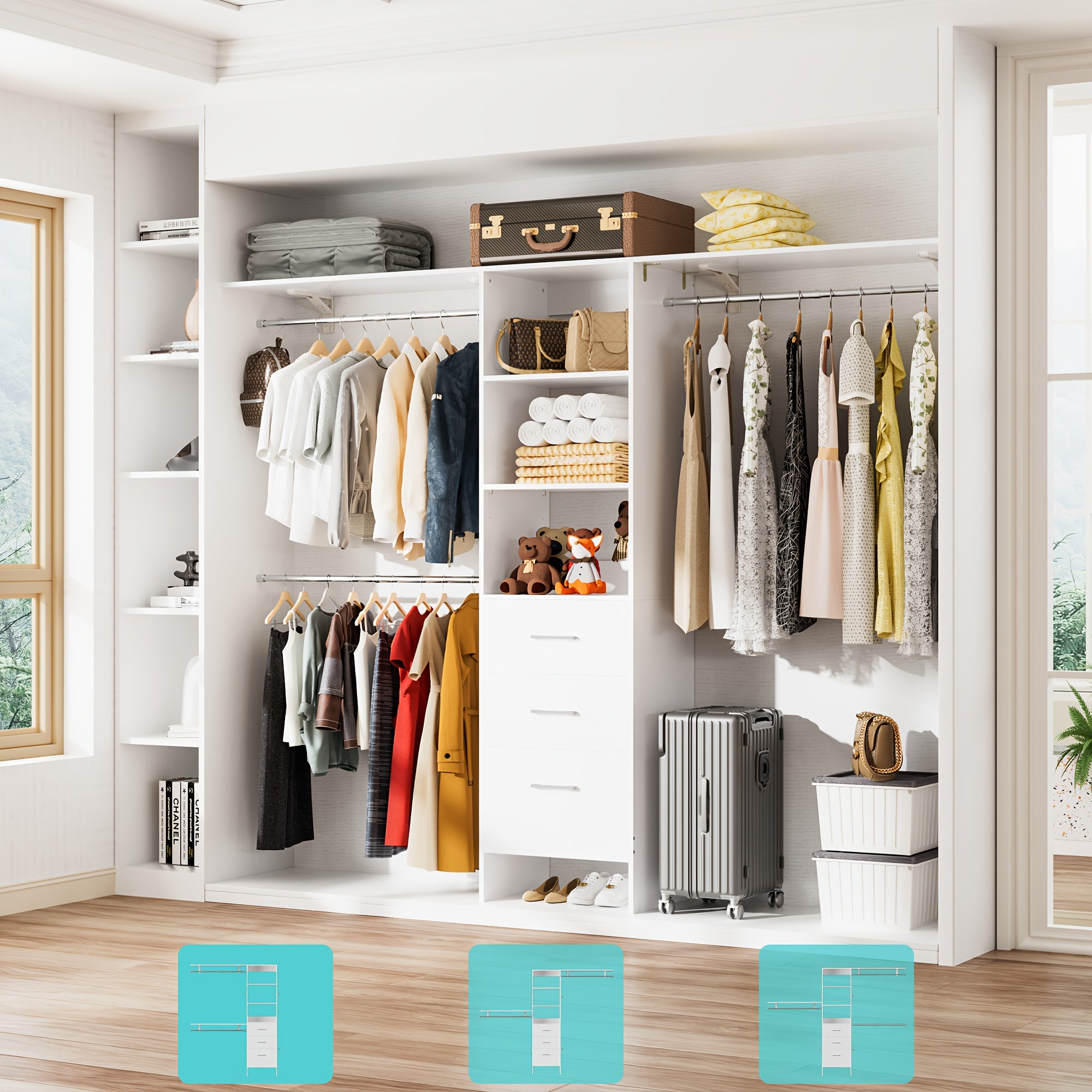 Closet System with Drawers, 8ft Walk In Closets Organizer with 3 Shelving Towers, 96\