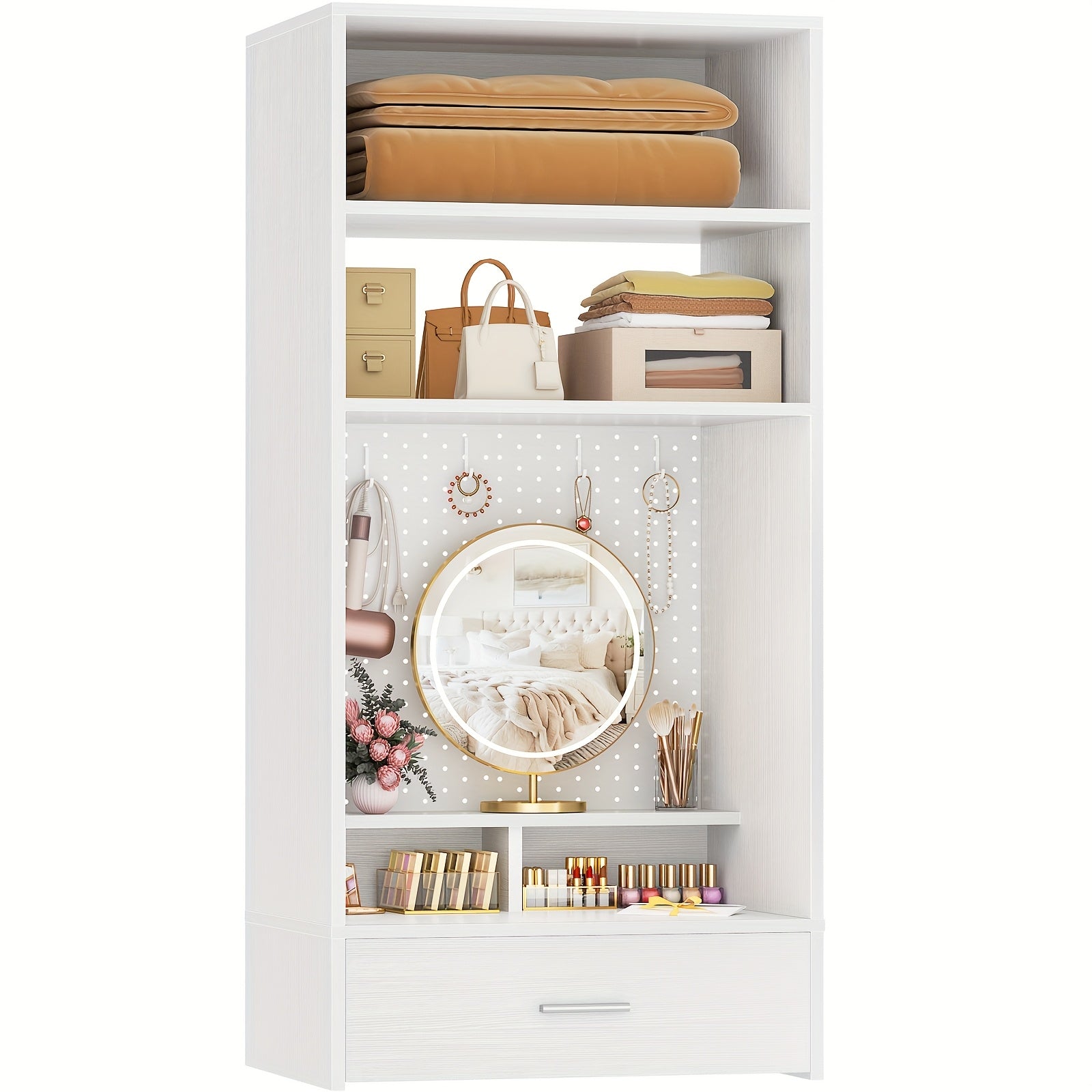 Unikito 25 Inch Closet System With Drawers And Magnetic Pegboard, Wall Mounted Closet Organizer With Vanity Storage Shelves, Multipurpose Vanity Desk For Bedroom, Mudroom, And Entryway, White