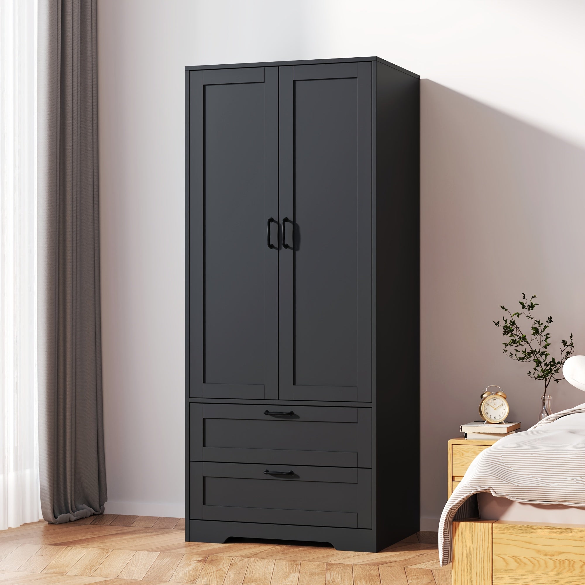Spacious Contemporary Wardrobe with a Standing Design, Featuring a Clothing Storage Cabinet Equipped with Drawers, Double Doors, And Hangers, Ideal for Bedrooms, Cloakrooms, And Laundry Areas. It Includes 2 Drawers And a Clothes Drying Pole