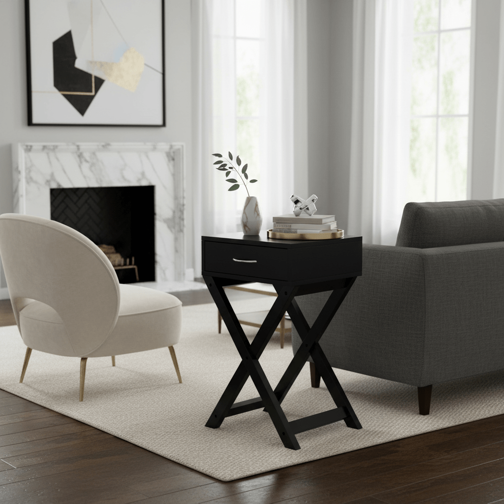 X-Shape End Table | Wooden Square Storage Nightstand with Generous Storage Drawer and Metal Handle, Contemporary Accent Side Table, Ideal for Living Room, Bedroom, Home, Office, Hardwood, Assembled, \u003C27 Inches Height