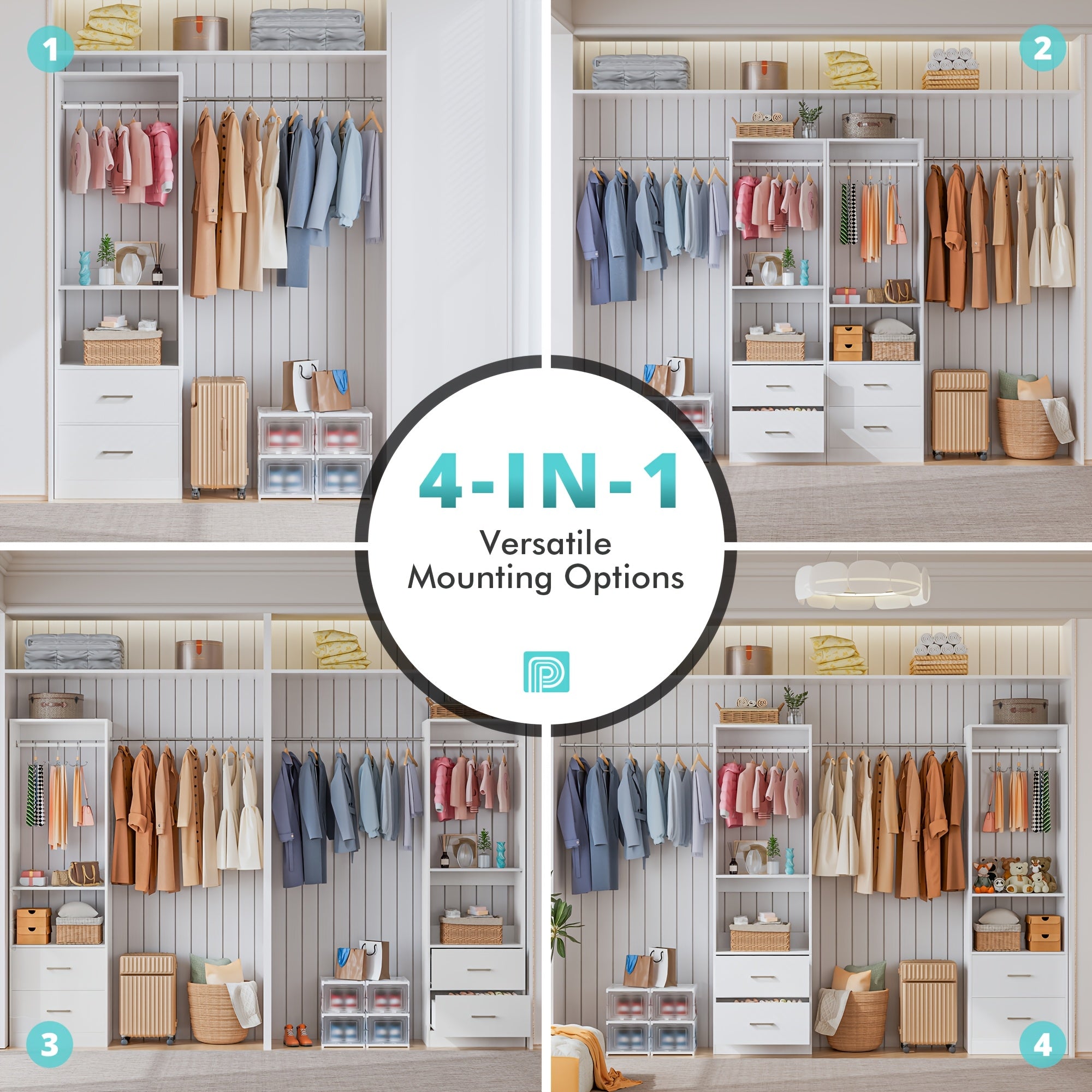 A Modular Closet System Measuring 127.56 Inches, Featuring Four Drawers, Adjustable Shelves on Three Levels, a Wooden Walk-In Closet Equipped with Fixed And Extendable Hanging Rods (Ranging from 57 to 102 Cm), Four Anti-Tipping Devices