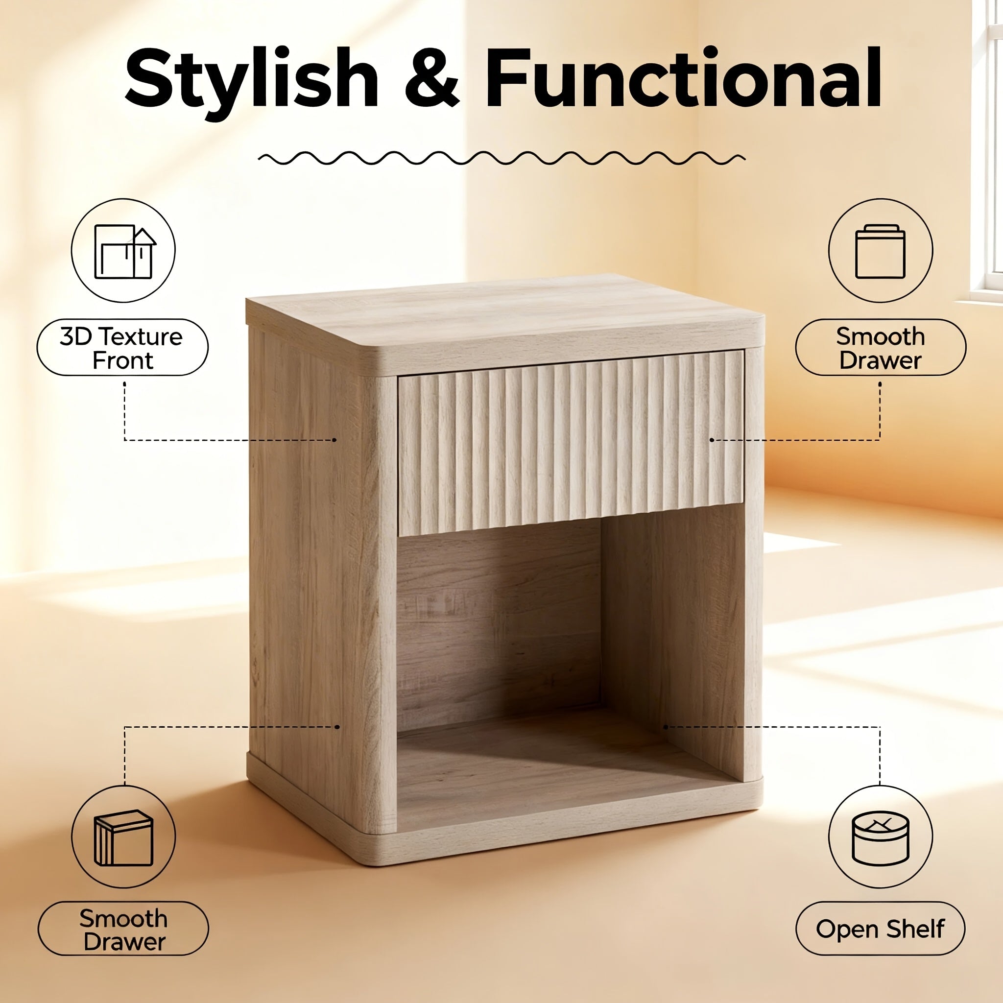 Wooden Nightstand with One Drawer And One Niche (23 Inches, White Oak) - a Practical Bedside Table Featuring a Storage Compartment