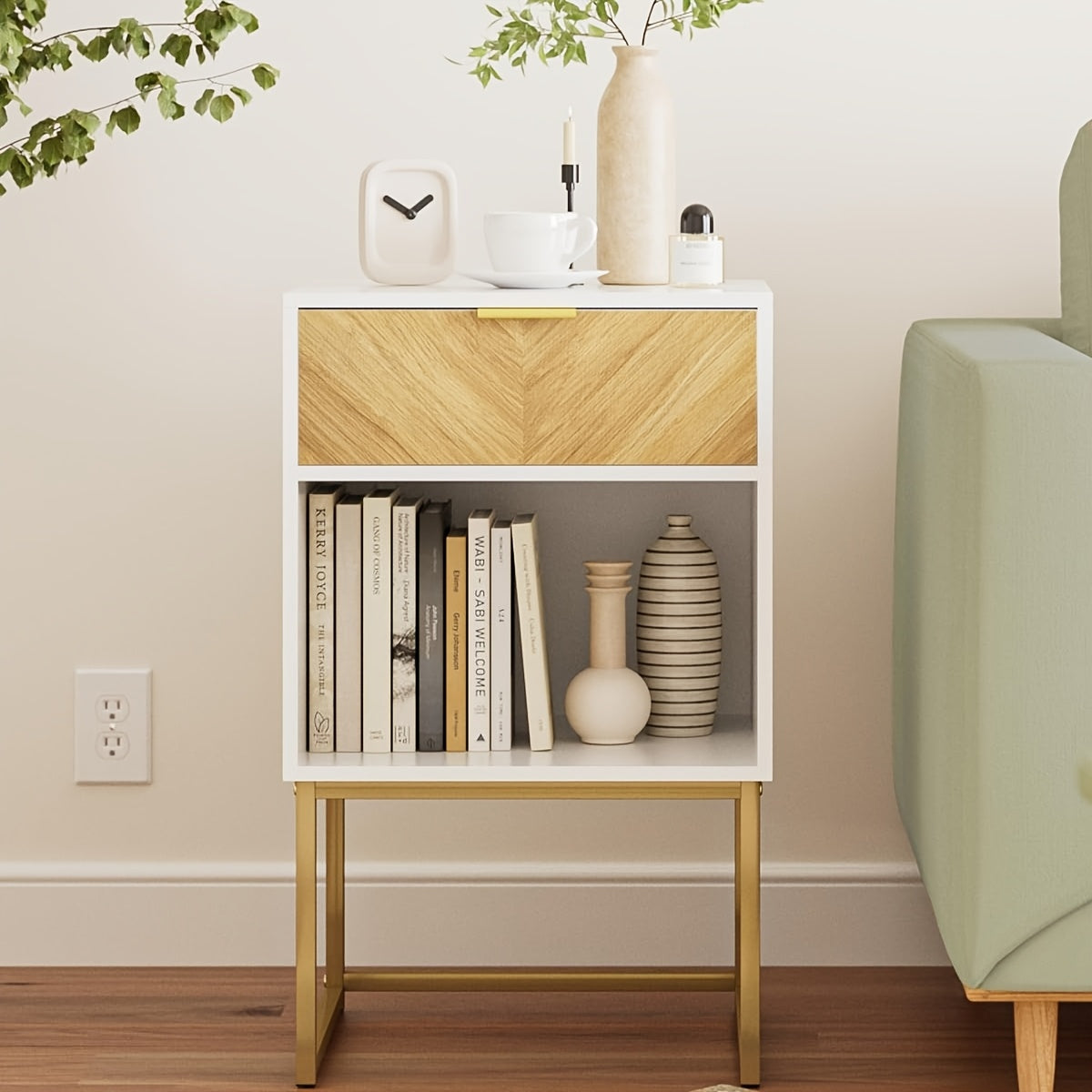 Modern Wood Grain Side Table, Large, Bohemian Farmhouse Style Wooden Nightstand with Storage Drawer and Open Shelf, Suitable for Bedroom, Living Room Nightstand, White