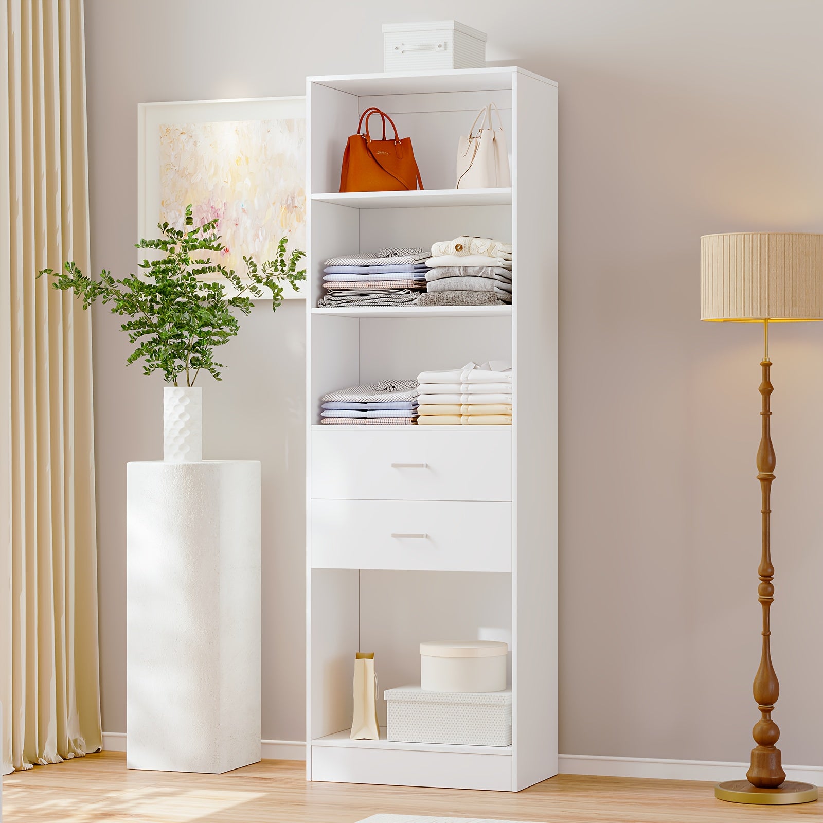 Freestanding Wardrobe Closet, Multi-Functional Clothing Cabinet for Hanging Clothes, Wood Closet Organizer System, Walk-in Closet for Bedroom, Entryway