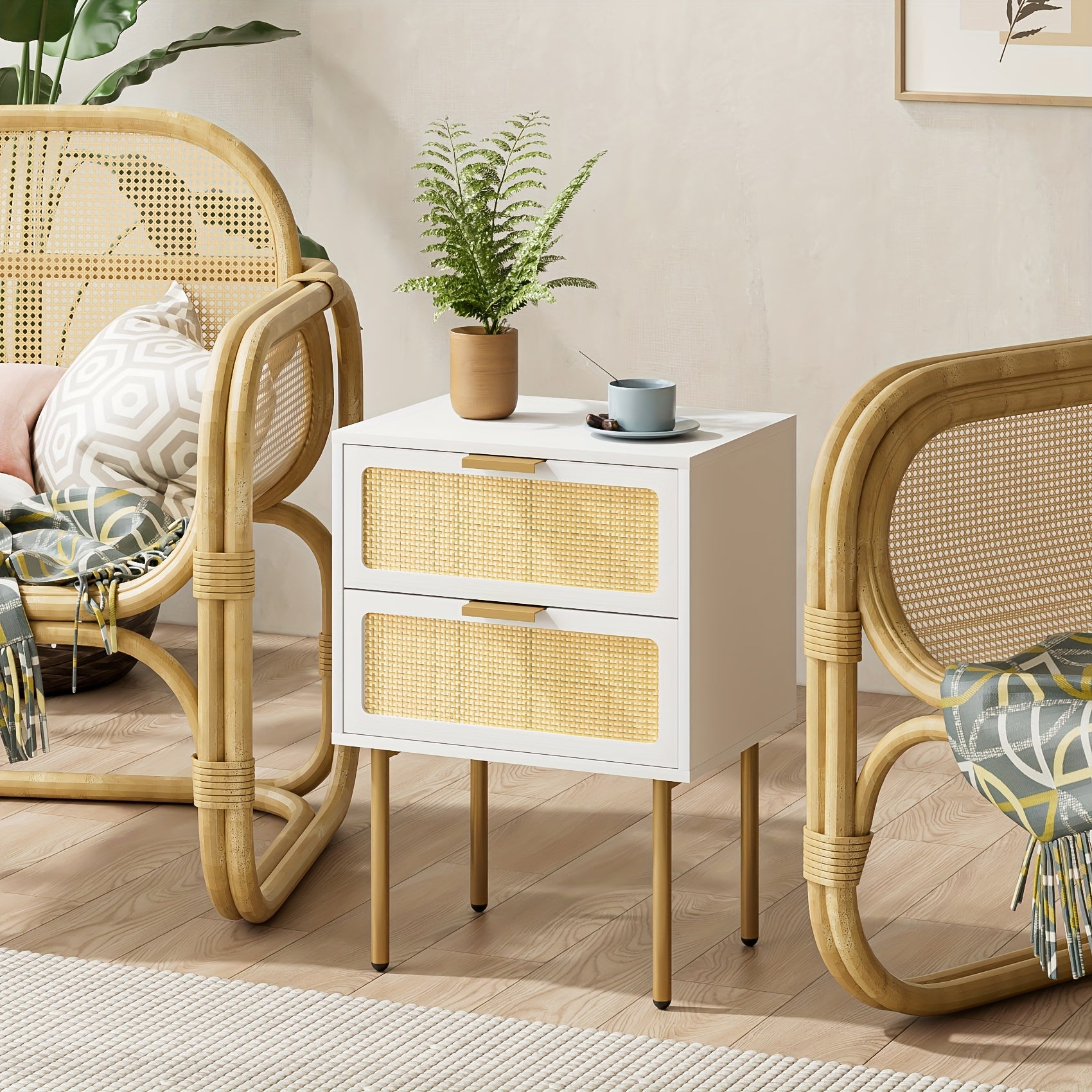 Wooden Bedside Table Featuring Two Rattan Drawers, Ideal for Storing Items in The Bedroom Or Living Room
